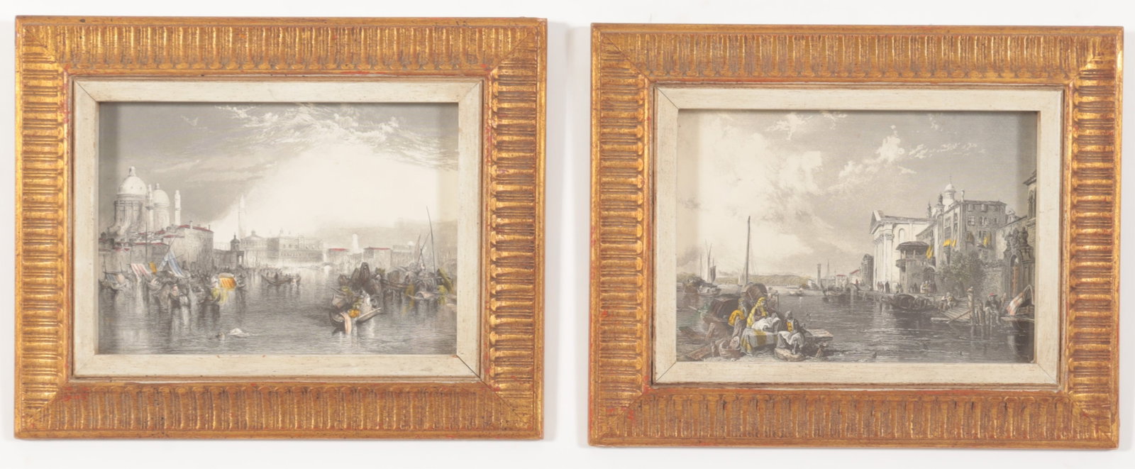 Two Hand-Colored Etchings of Venice: Two nicely framed hand-colored etchings depicting views of Venice, retailed by B. Altman & Co. Dimensions: Framed 11.25" x 14" Property from a Connecticut shoreline home