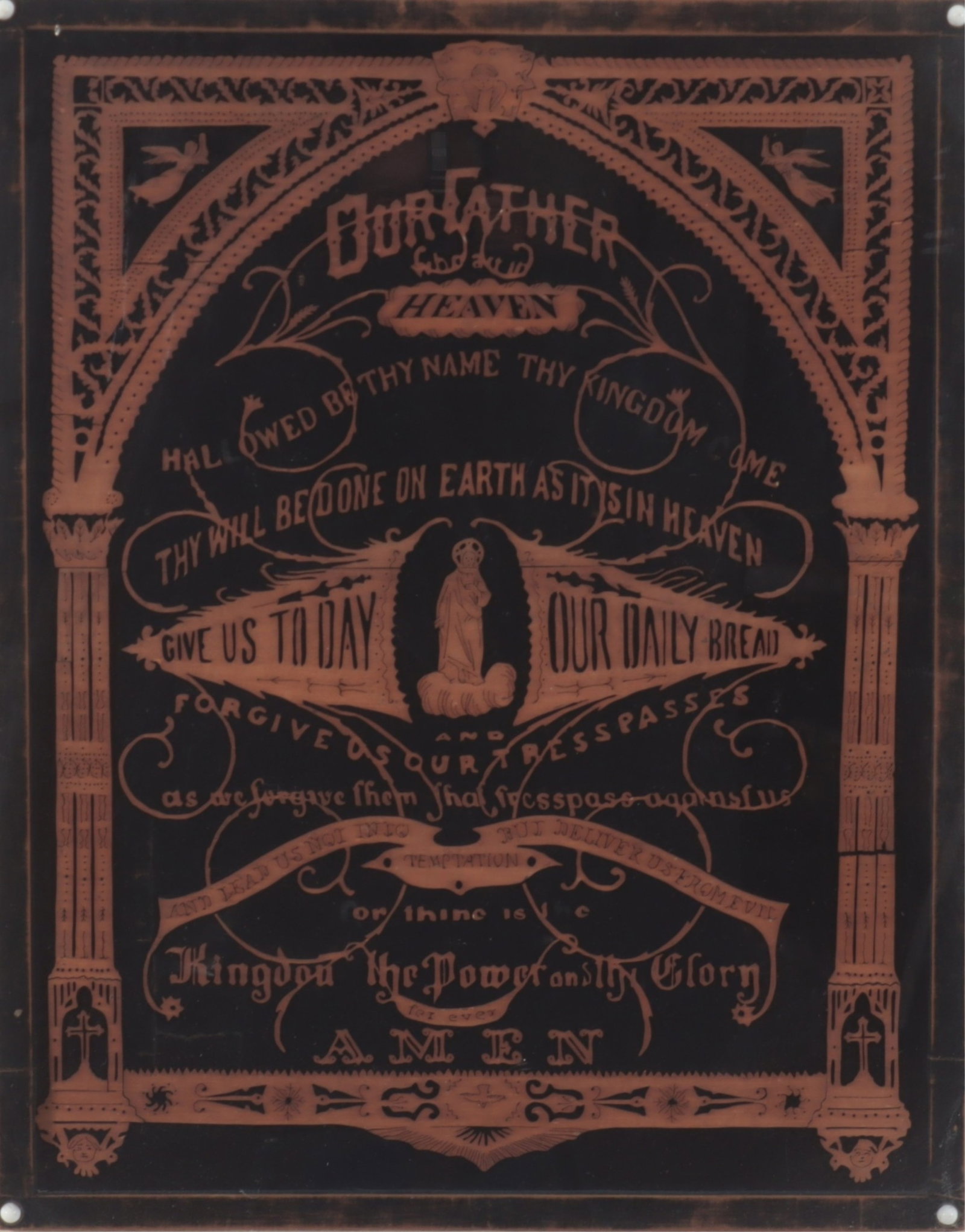 The Lord's Prayer Scroll Saw on Fabric: Aftr. Frederick William Risser, c. 1883, The Lord's Prayer, wood scroll saw picture against fabric panel, in box frame Dimensions: 23.5 x 18.5", framed 27 x 22" Property from a Litchfield Connecticut