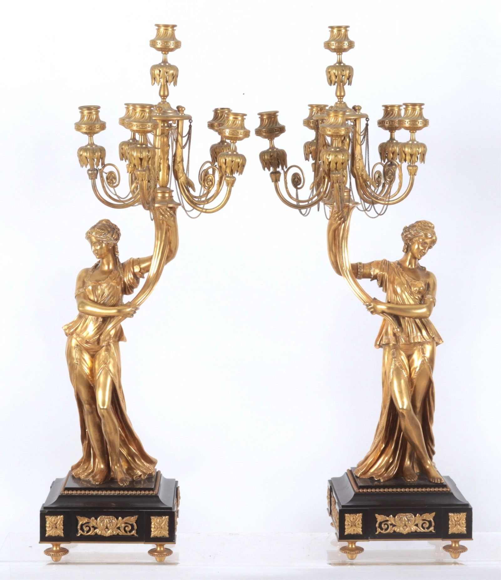 Pair Louis XVI Style Figural Candelabra: Pair of Louis XVI Style Ormolu and Black Slate Figural Candelabra, Late 19th/Early 20th C. Dimensions: 35" H Property from a Bronxville Estate.