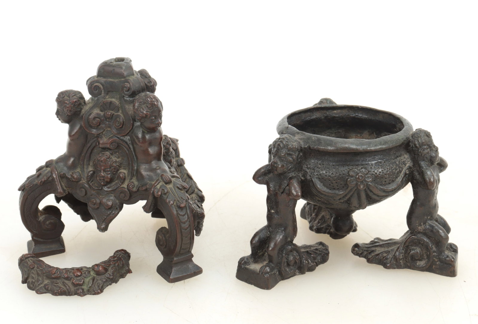 Italian Baroque Bronzes 17th/18th C: Italian Baroque bronze stand, possibly 17th/18th century. Plus an Italian Baroque Revival Cup, 19th century. Dimensions: Stand 4.5" x 4.5" Cup 5" x 3.5"