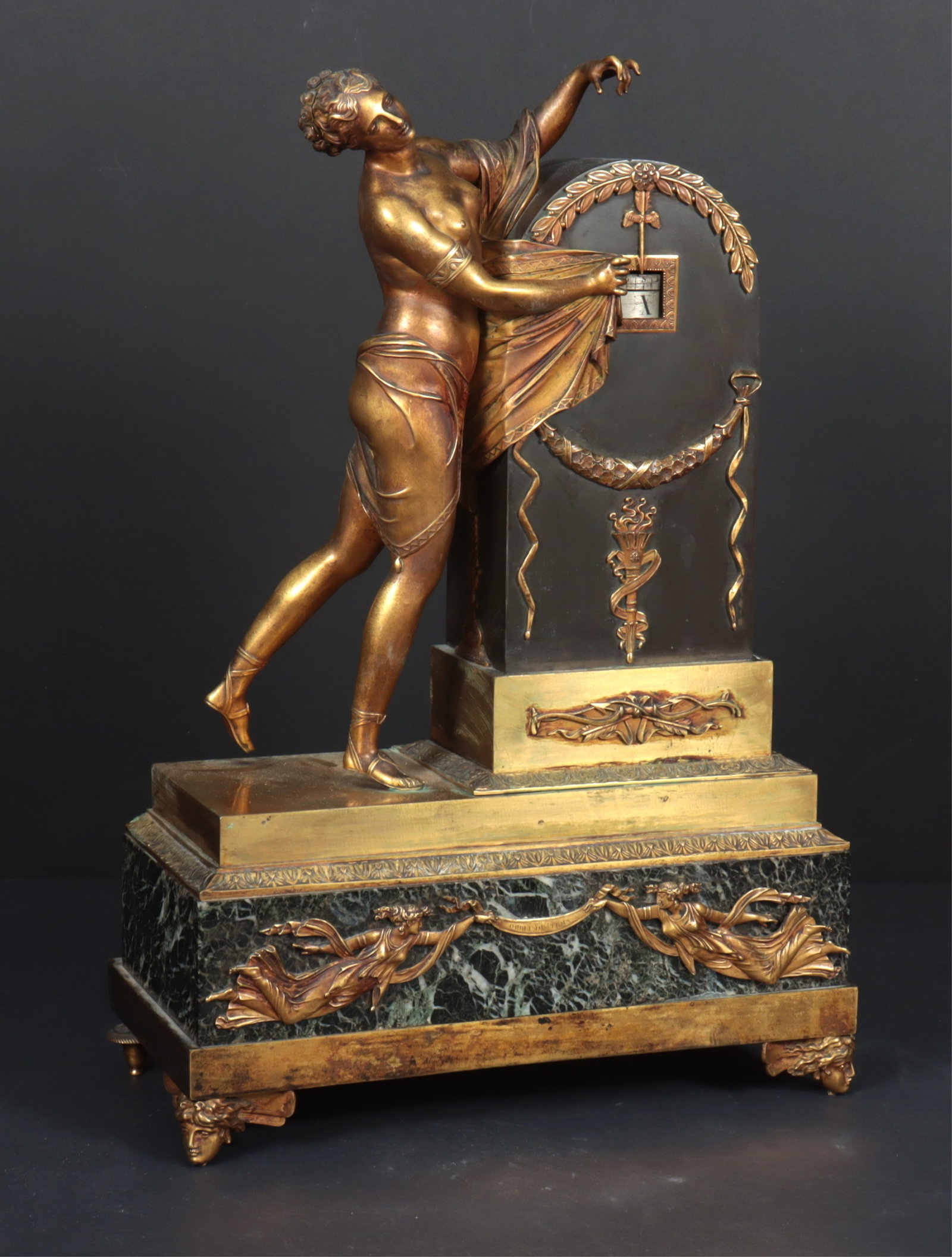 Attr. Claude Galle Bronze & Marble Mantle Clock: Attributed to Claude Galle, L'Oubli du Temps (The Forgetting of Time). Gilt bronze and marble figural mantle clock, early 19th century. Dimensions: 19.5" H Property from a Westchester County