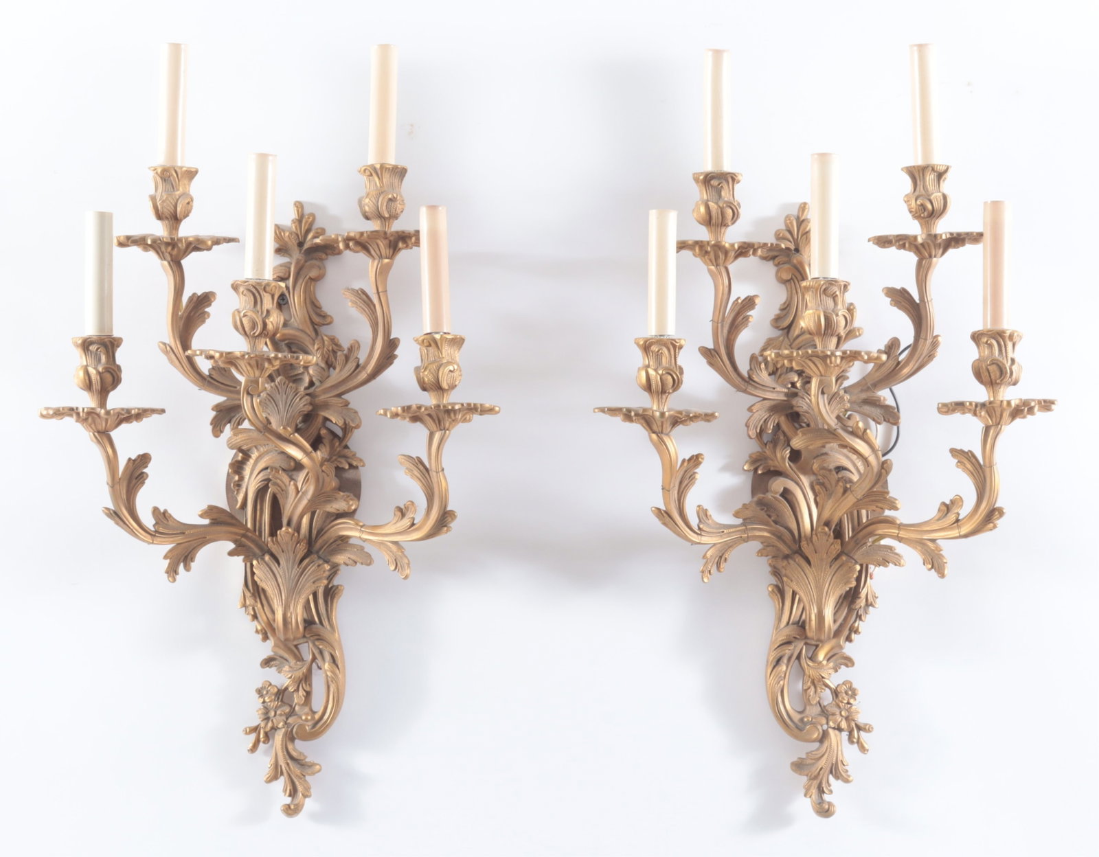 Pair Louis XV Style Brass Sconces: Pair Louis XV style gilt-brass 5-Arm sconces Dimensions: 25" H x 15" W Property from a Bronxville Estate.