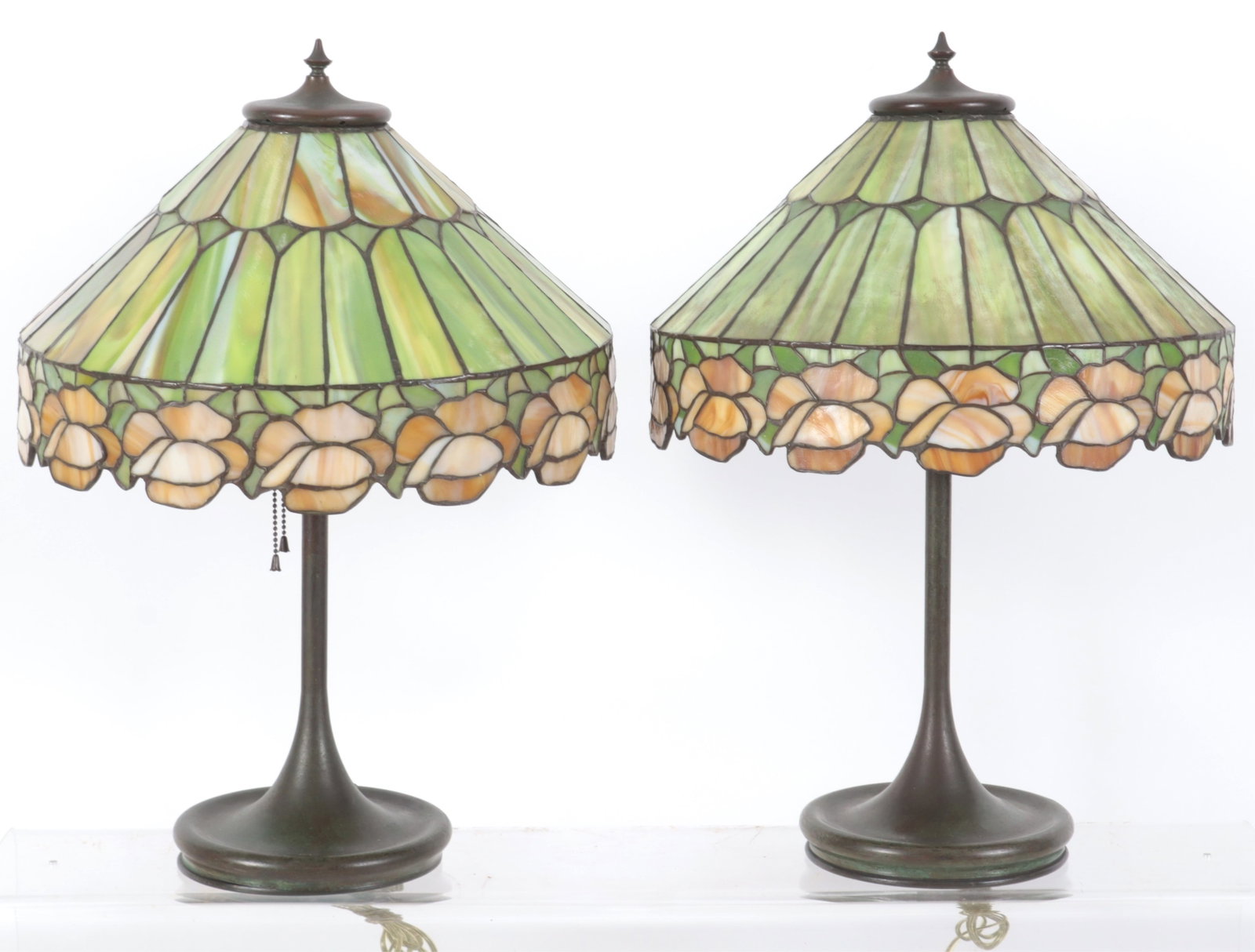 Pair of Hubbell Slag Glass Lamps: Pair of Hubbell Slag Glass Bronze Patinated Metal Lamps Dimensions: 23.5" H Property from a Mount Vernon, NY estate.