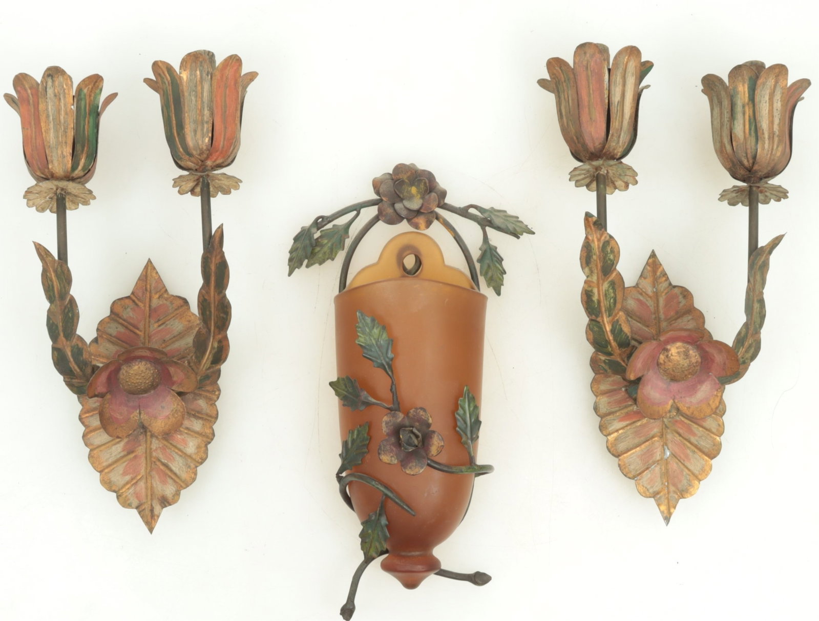 Pair of Tole Tulip Sconces & Wall Pocket (1 of 7)