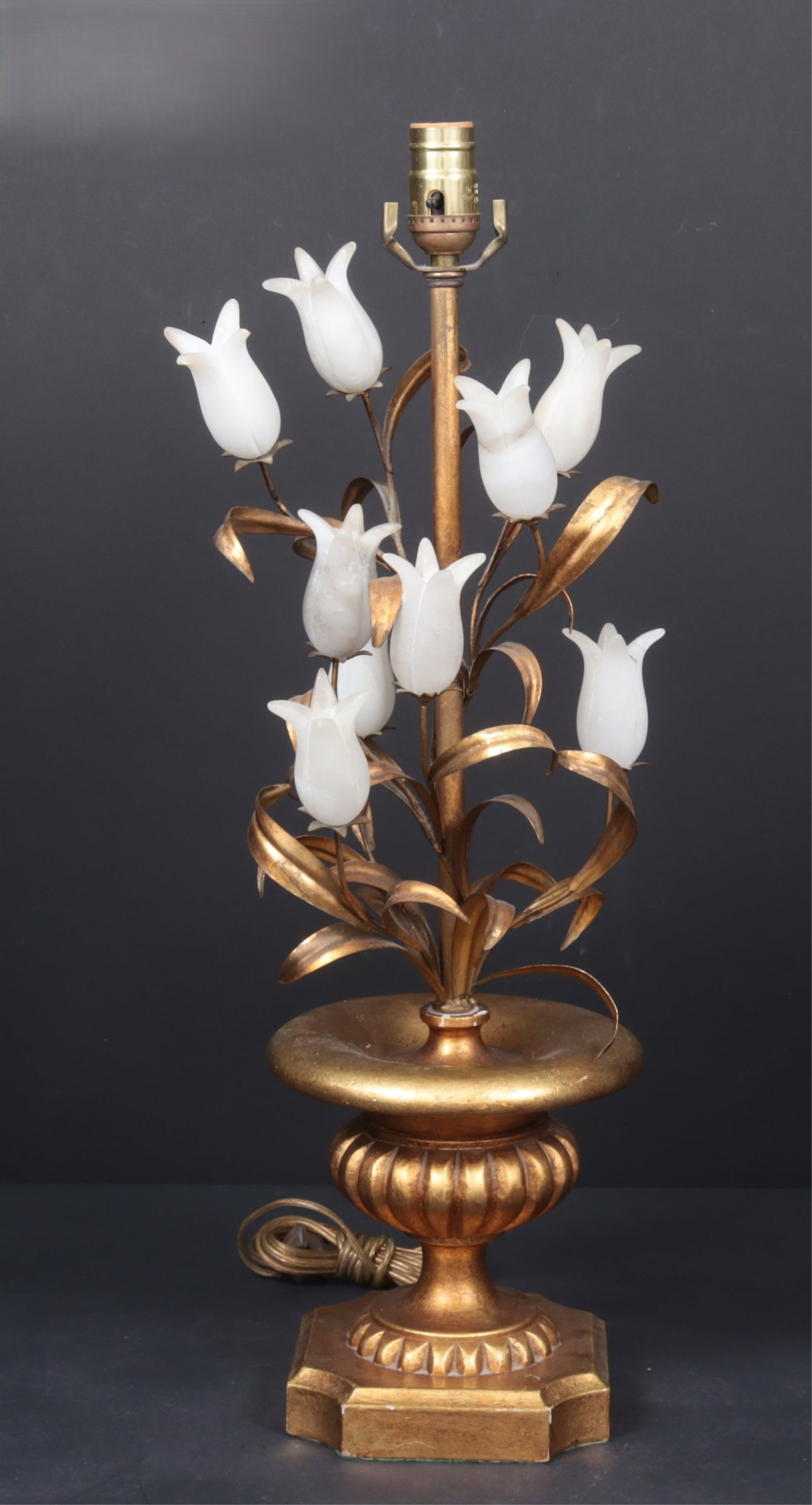Classical Style Tulip Alabaster Lamp: A classical style giltwood and gilded metal lamp in the form of a bouquet with alabaster tulips. Dimensions: To the fixture 23.5" H Property from a Mount Vernon, NY estate.