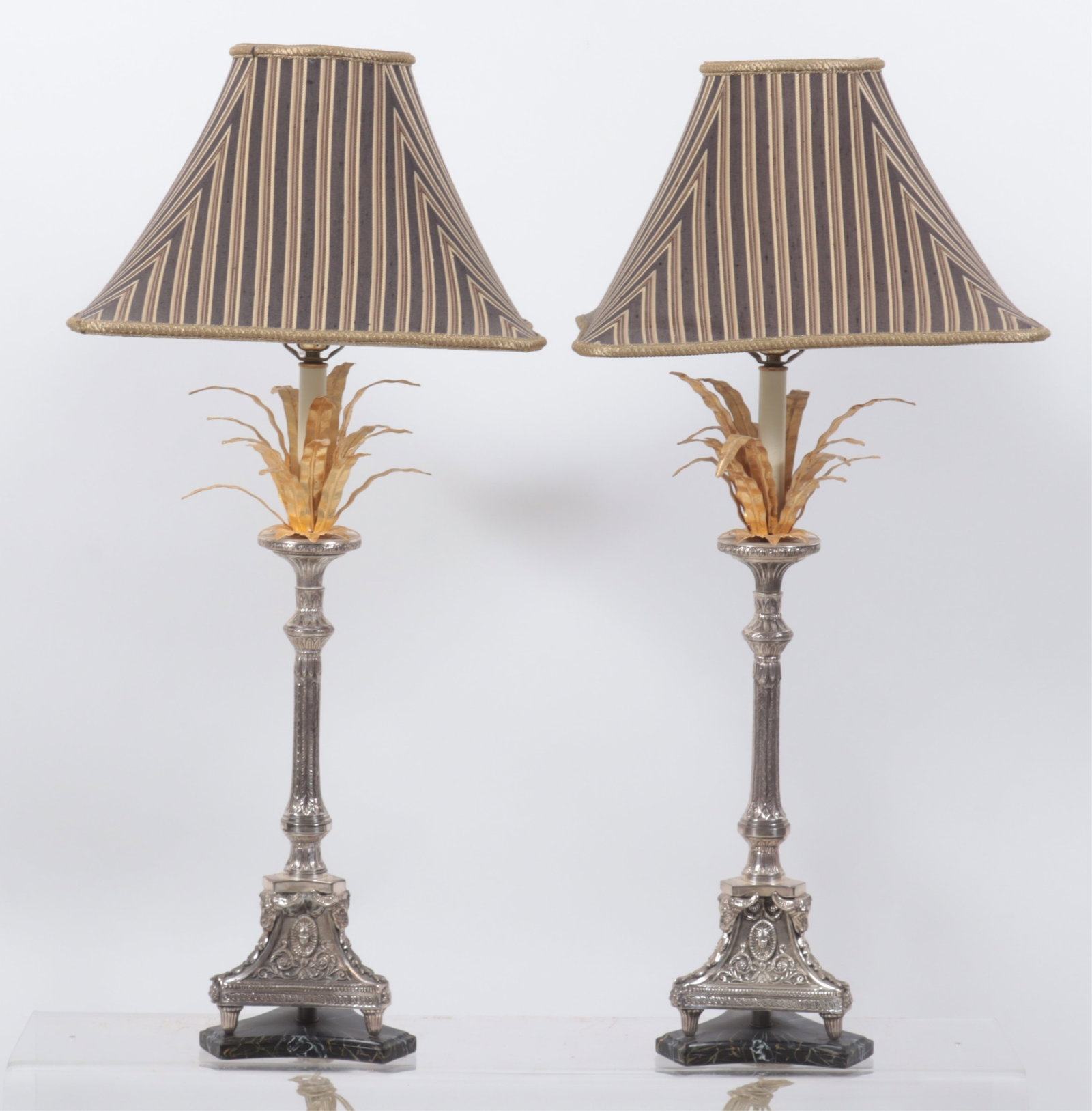 Pair Frederick Cooper Classical Style Metal Lamps: Pair Frederick Cooper Classical Style Metal Lamps, shades signed. Gilt metal palm sprays and black marble bases. Dimensions: 35.75" H Property from a Bronxville Estate.