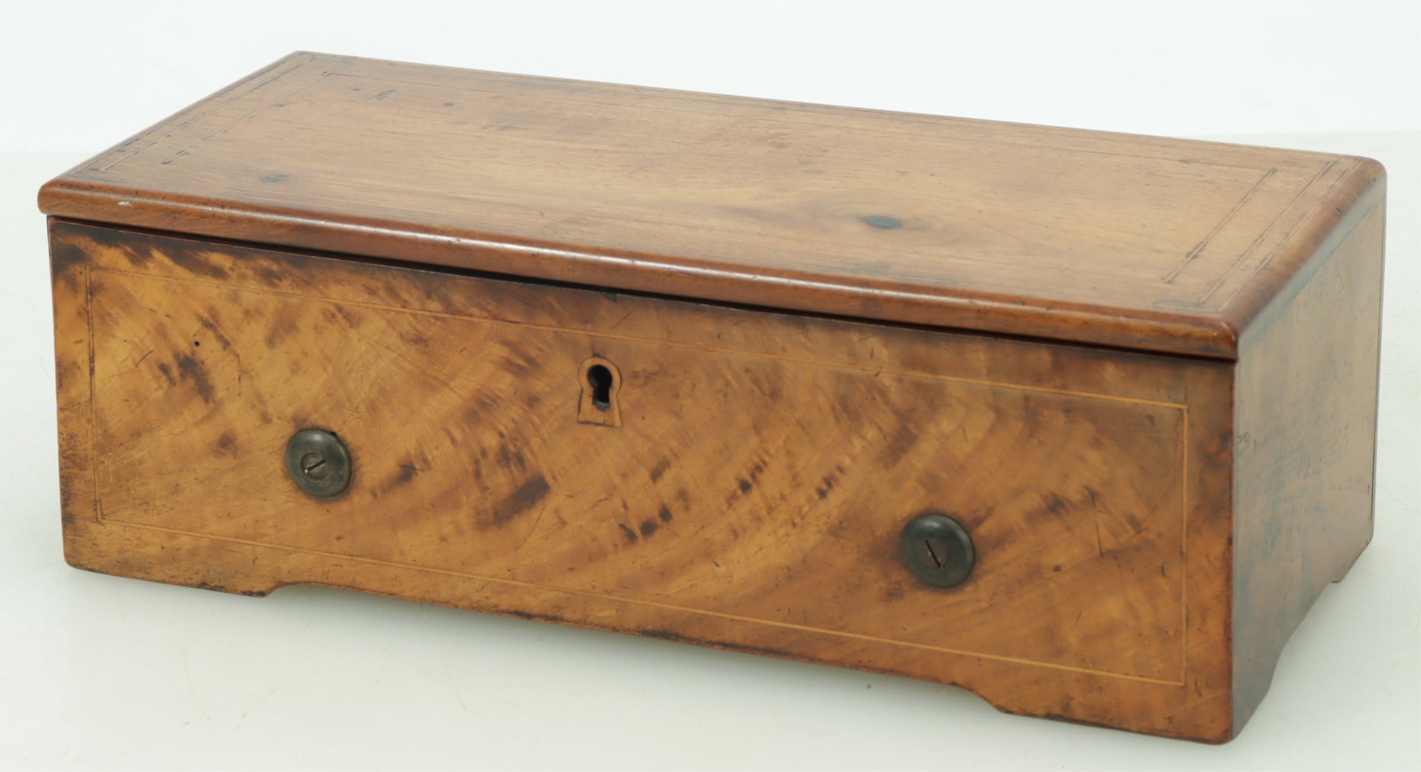 Nicole Freres Inlaid Swiss Cylinder Music Box: Nicole Freres Inlaid Fruitwood Swiss Cylinder Music Box, mid 19th C., serial #38372, 4 airs Dimensions: 4" H x 11.75" W x 5.2: D Property from a Mount Vernon, NY estate.