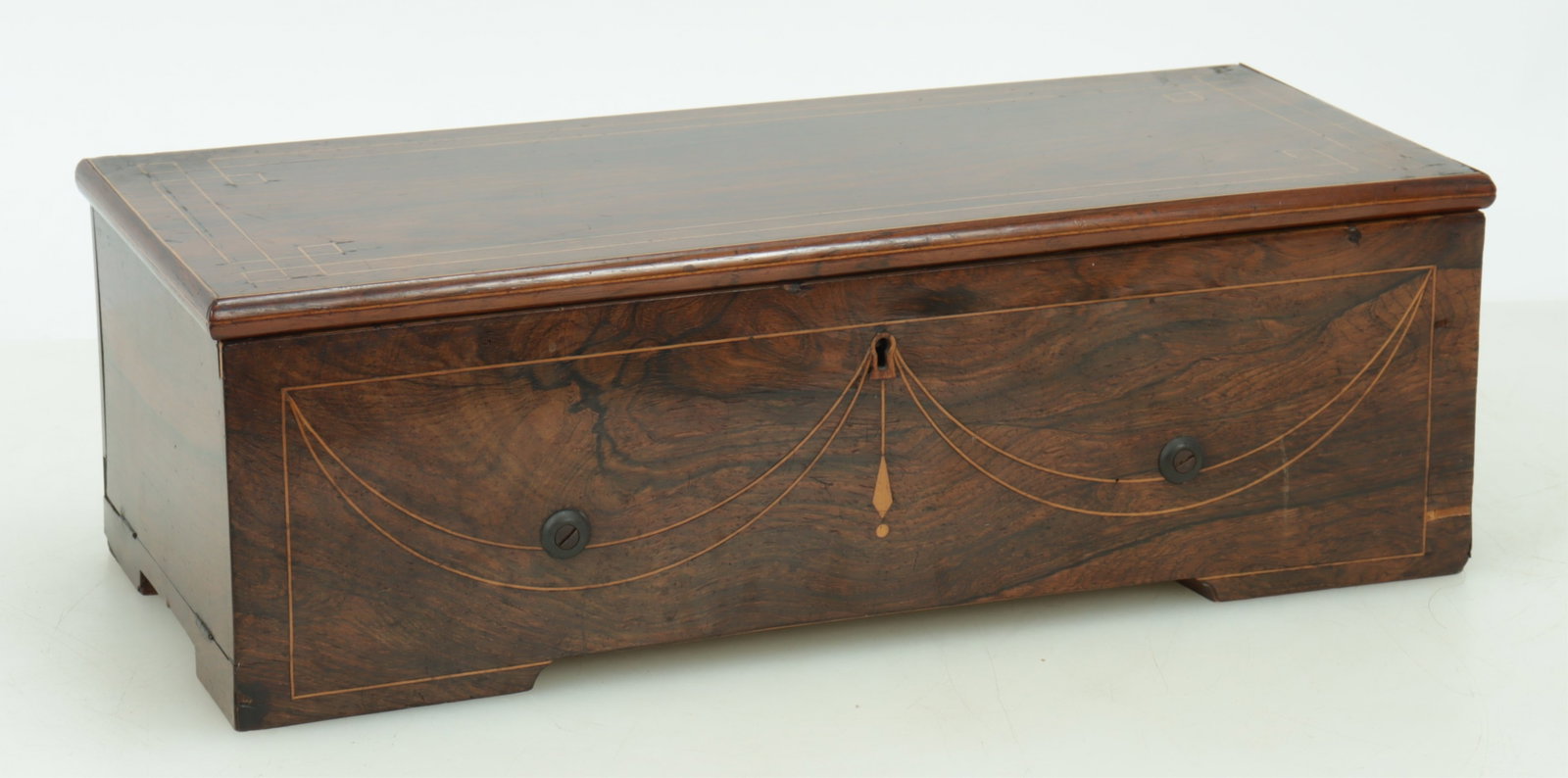 Swiss Inlaid Rosewood Cylinder Music Box: Swiss Inlaid Rosewood Cylinder Music Box, attributed to Ducommun Girod, 19th C. Dimensions: 5.5" H x 17' W x 7.25" D Property from a Mount Vernon, NY estate.