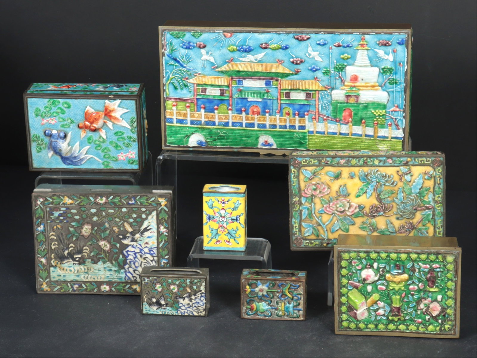 8 Chinese Enameled Metal Boxes & Match Boxes (1 of 12)