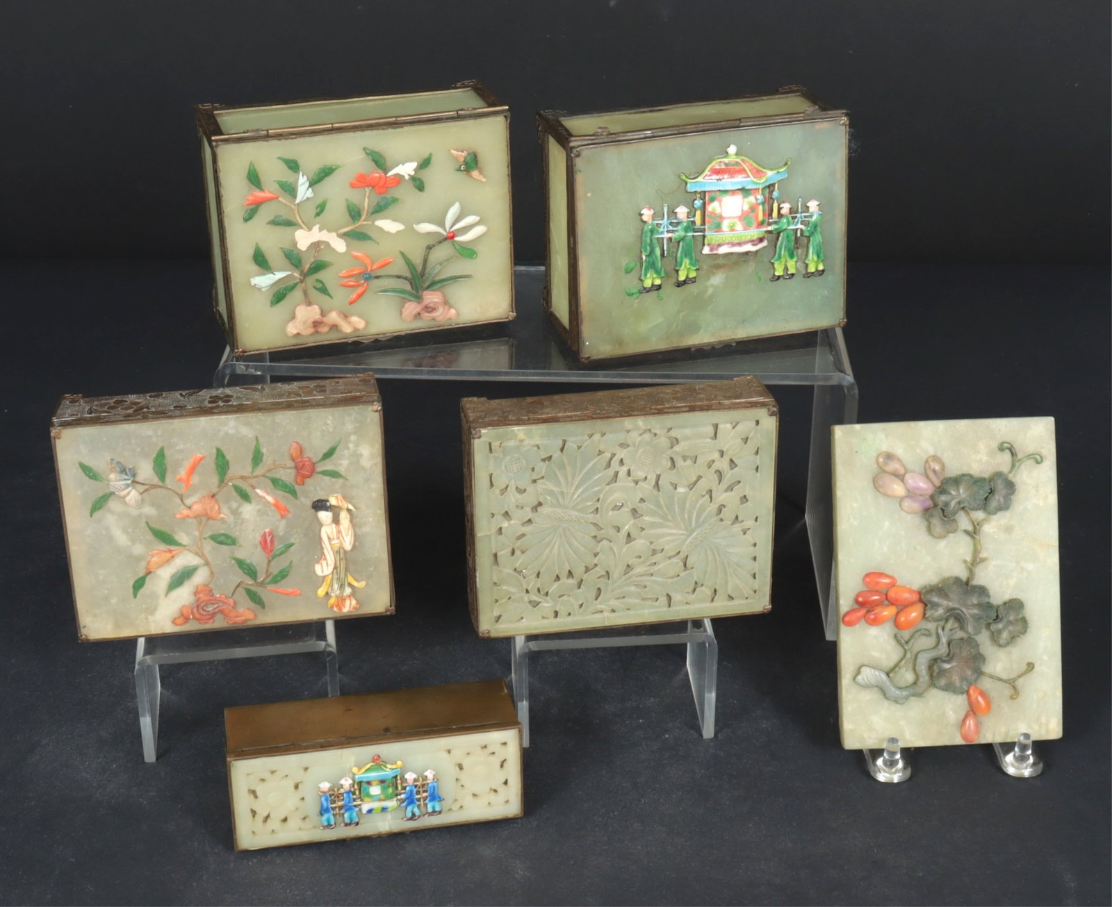 5 Chinese Hardstone & Enameled Jade Boxes: 5 Chinese Hardstone & Enameled Jade Boxes & Lid Dimensions: Largest 4.75" W Property from a Mount Vernon, NY estate.
