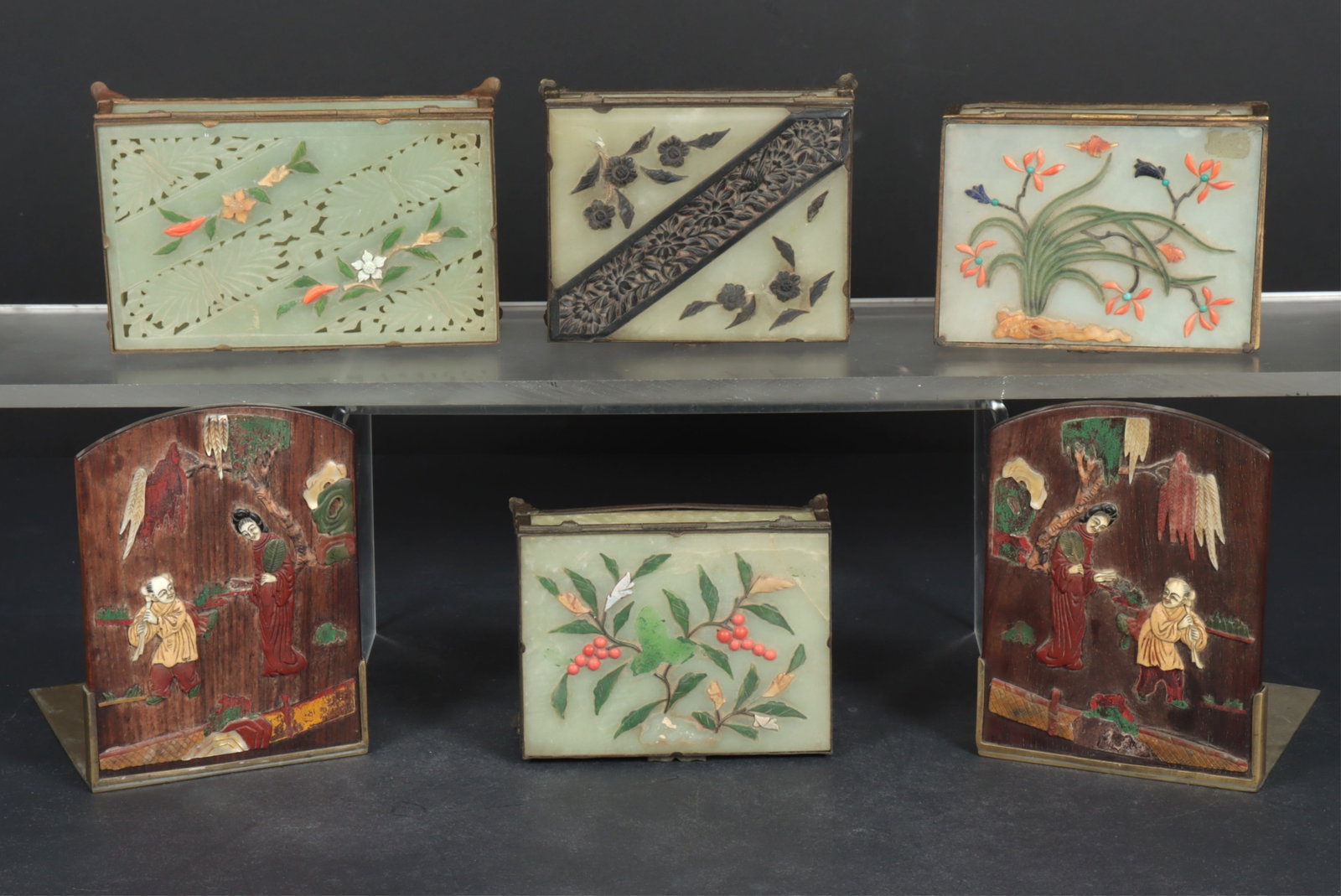 4 Chinese Hardstone & Jade Boxes, Bookends: 4 Chinese Hardstone & Jade Boxes & Pair of Bookends Dimensions: Largest box 5.75" W Property from a Mount Vernon, NY estate.