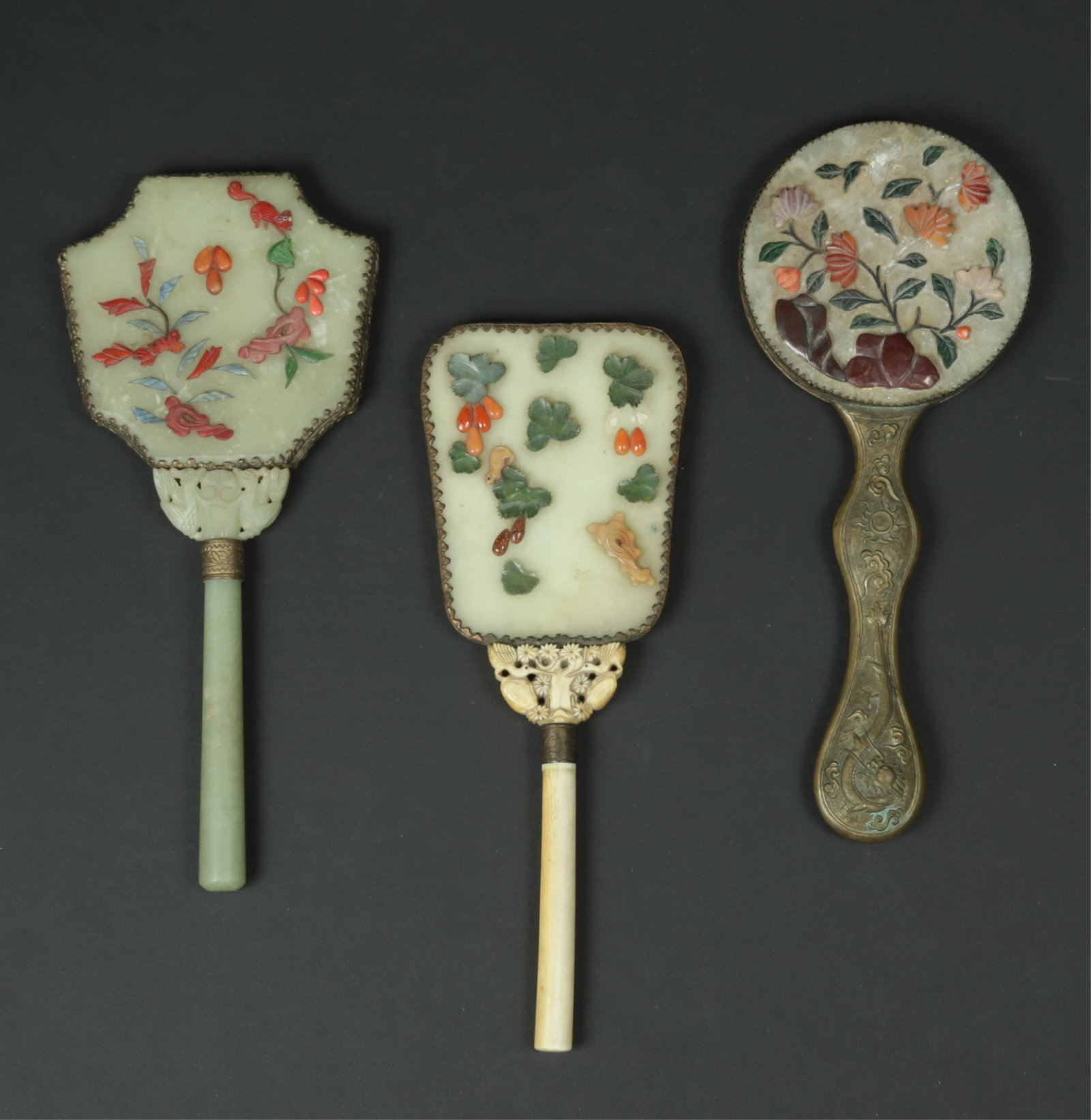 3 Chinese Inlaid Hardstone and Jade Mirrors: 3 Chinese Inlaid Hardstone and Jade Mirrors Dimensions: Largest 10.5" H Property from a Mount Vernon, NY estate.