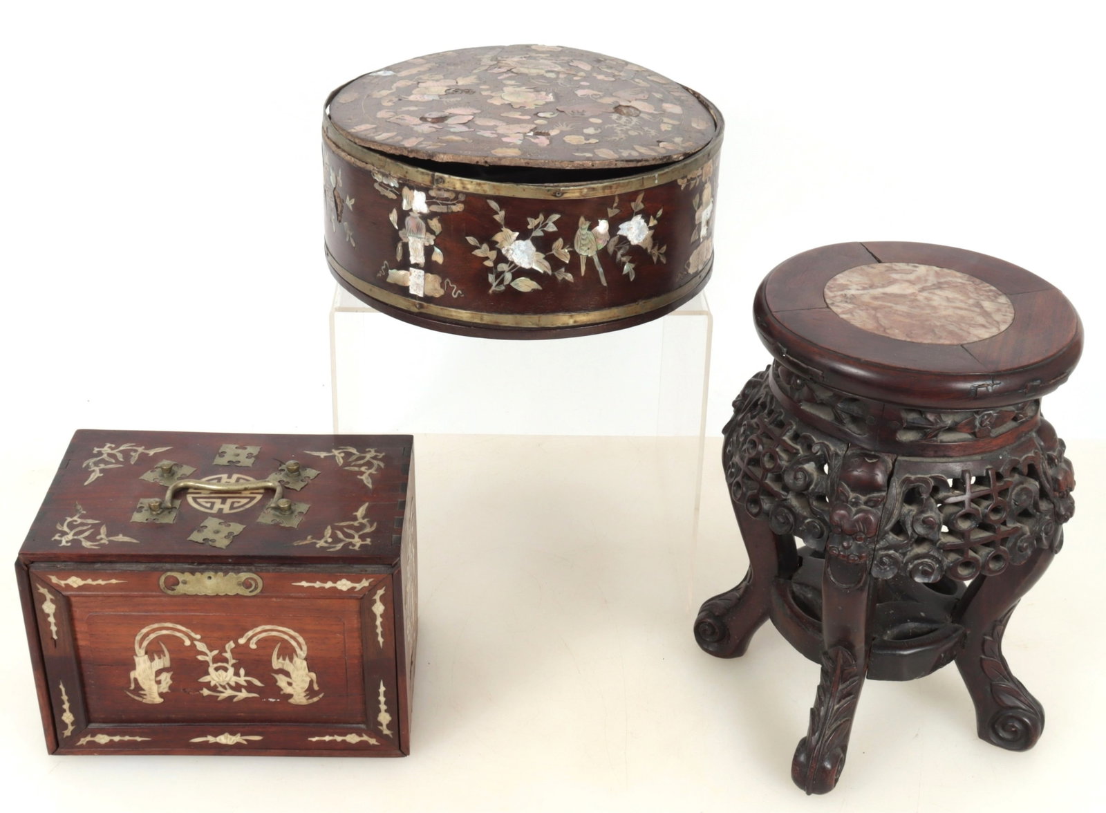 Chinese MOP Inlaid Hardwood Boxes, Stand: Chinese Mother of Pearl Inlaid Hardwood Boxes & Stand, stand with marble top Dimensions: 12" H x 8" Dia. Property from a Mount Vernon, NY estate.