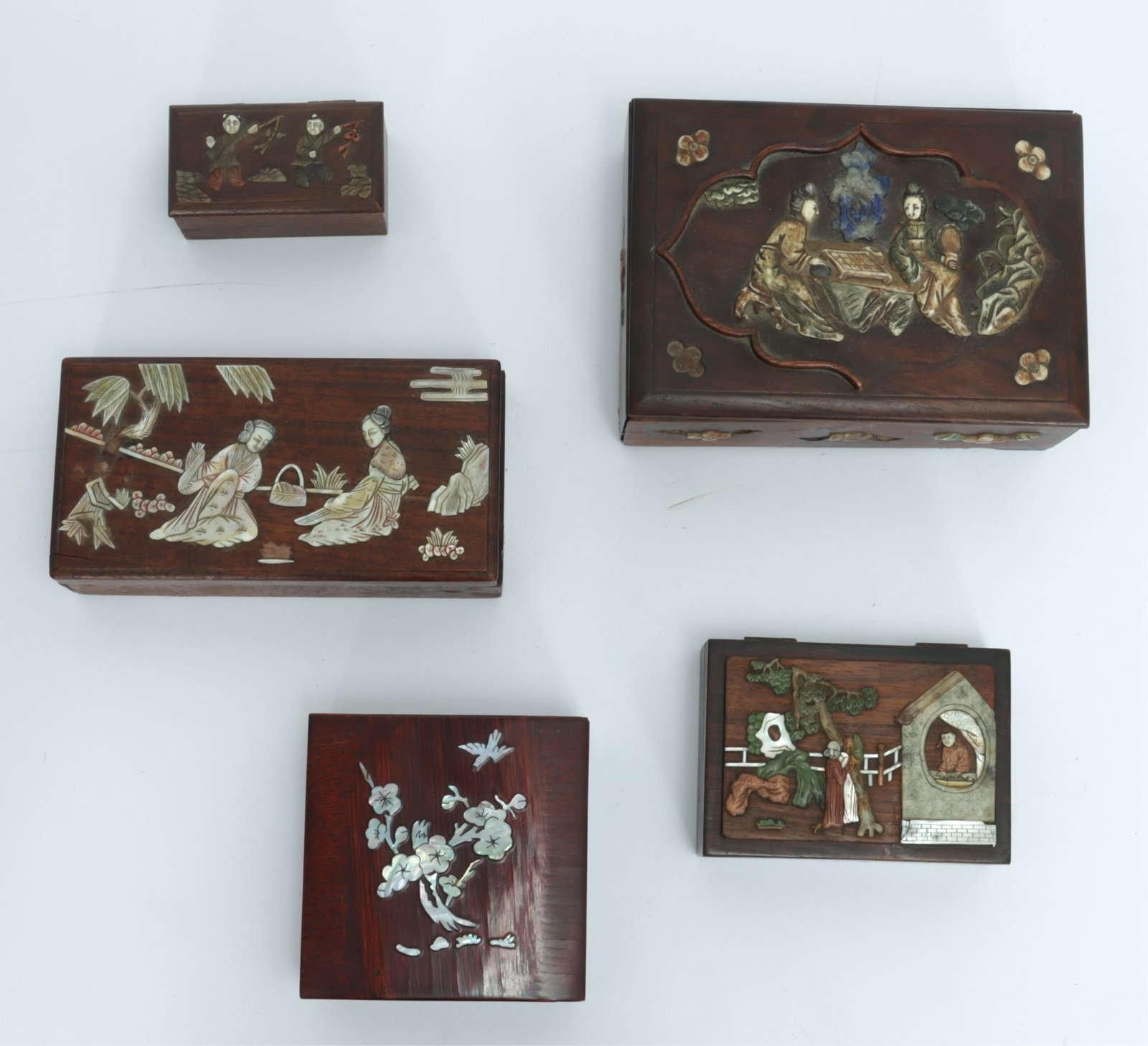 5 Chinese Mother of Pearl Inlaid Hardwood Boxes: 5 Chinese Mother of Pearl Inlaid Hardwood Boxes Dimensions: Largest 7.25" W Property from a Mount Vernon, NY estate.