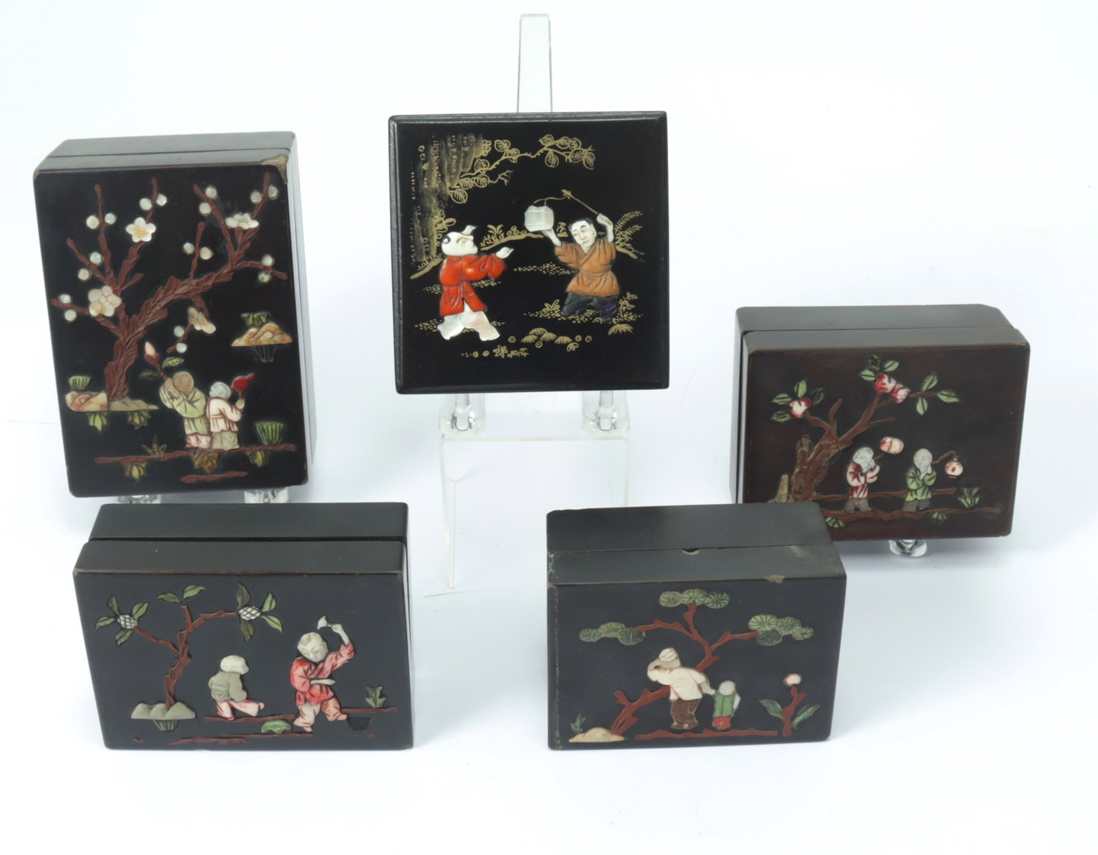 Chinese MOP Inlaid Black Lacquer Boxes: 5 Chinese Mother of Pearl Inlaid Black Lacquer Boxes Dimensions: Largest 5.5" W Property from a Mount Vernon, NY estate.