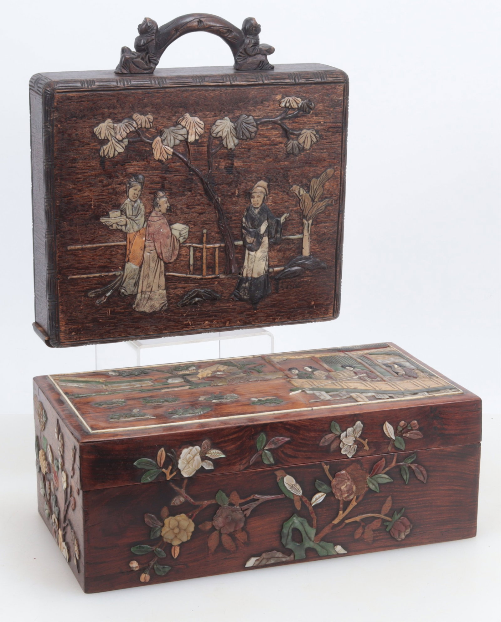 2 Chinese Stone Inlaid Wooden Boxes: 2 Chinese Hard & Soft Stone Inlaid Wooden Boxes Dimensions: Largest 15.5" W Property from a Mount Vernon, NY estate.