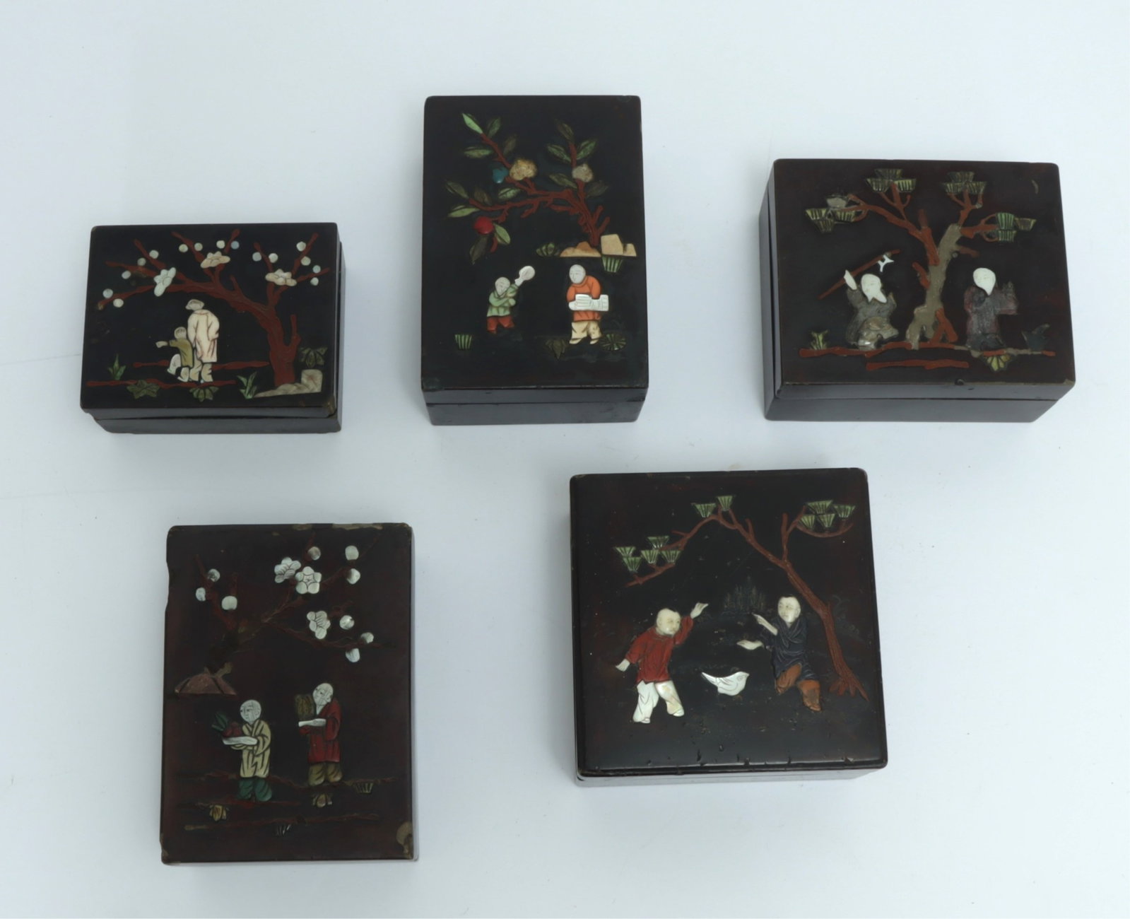 5 Chinese Inlaid Black Lacquer Boxes (1 of 7)