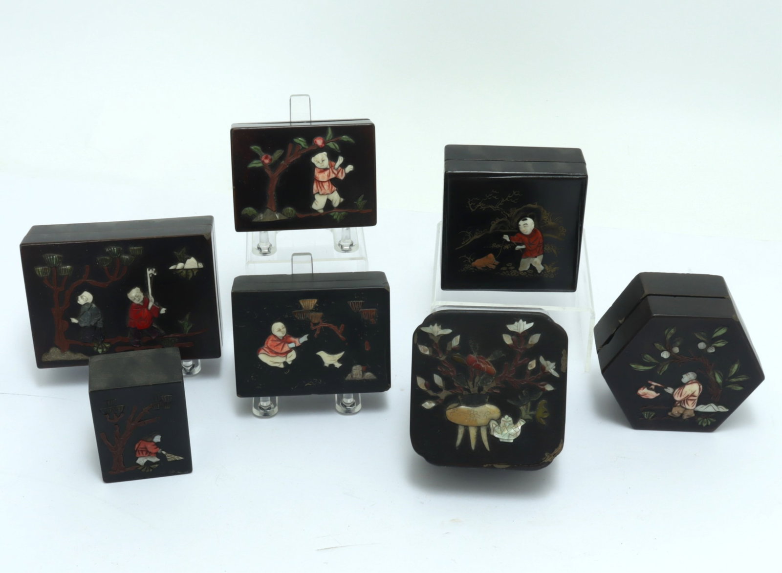 7 Chinese Inlaid Black Lacquer Boxes (1 of 7)