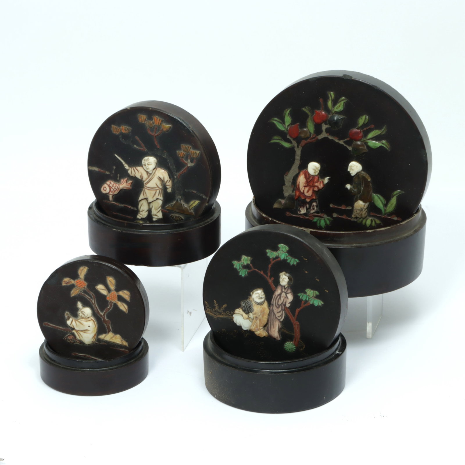 4 Chinese Inlaid Black Lacquer Circular Boxes (1 of 7)