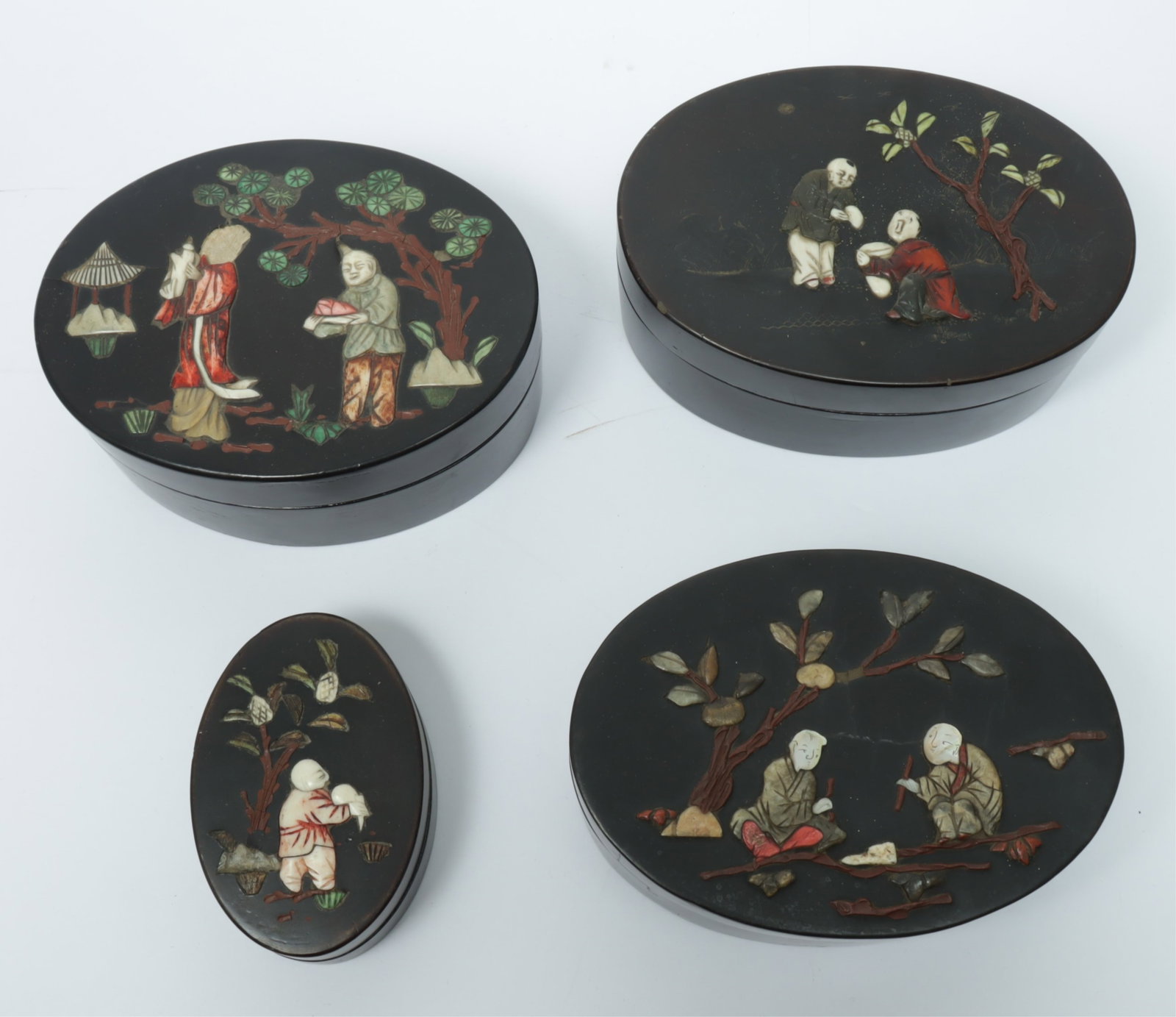 4 Chinese Inlaid Black Lacquer Oval Boxes (1 of 9)