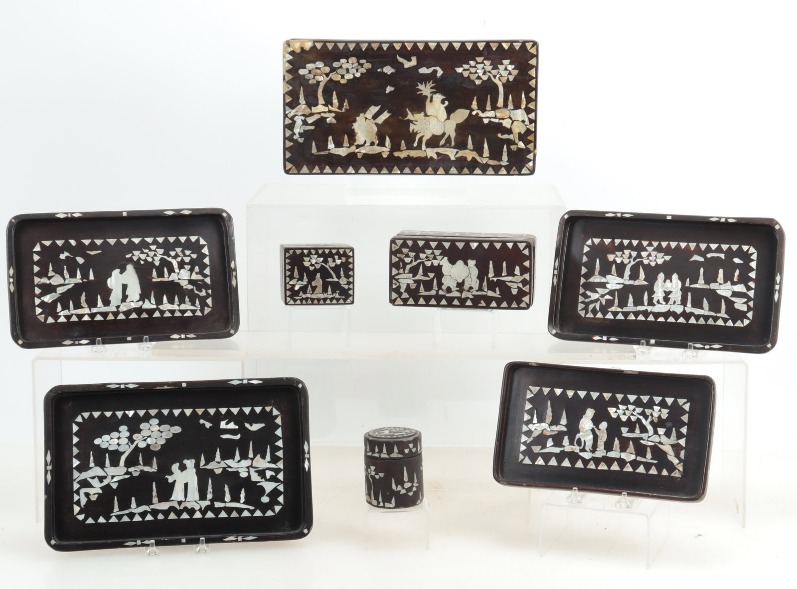 Chinese MOP Inlaid Lacquer Boxes & Trays: 8 Chinese Mother of Pearl Inlaid Lacquer Boxes & Trays Dimensions: Largest box 2.75" H x 12.5" W x 6.75" D Property from a Mount Vernon, NY estate.