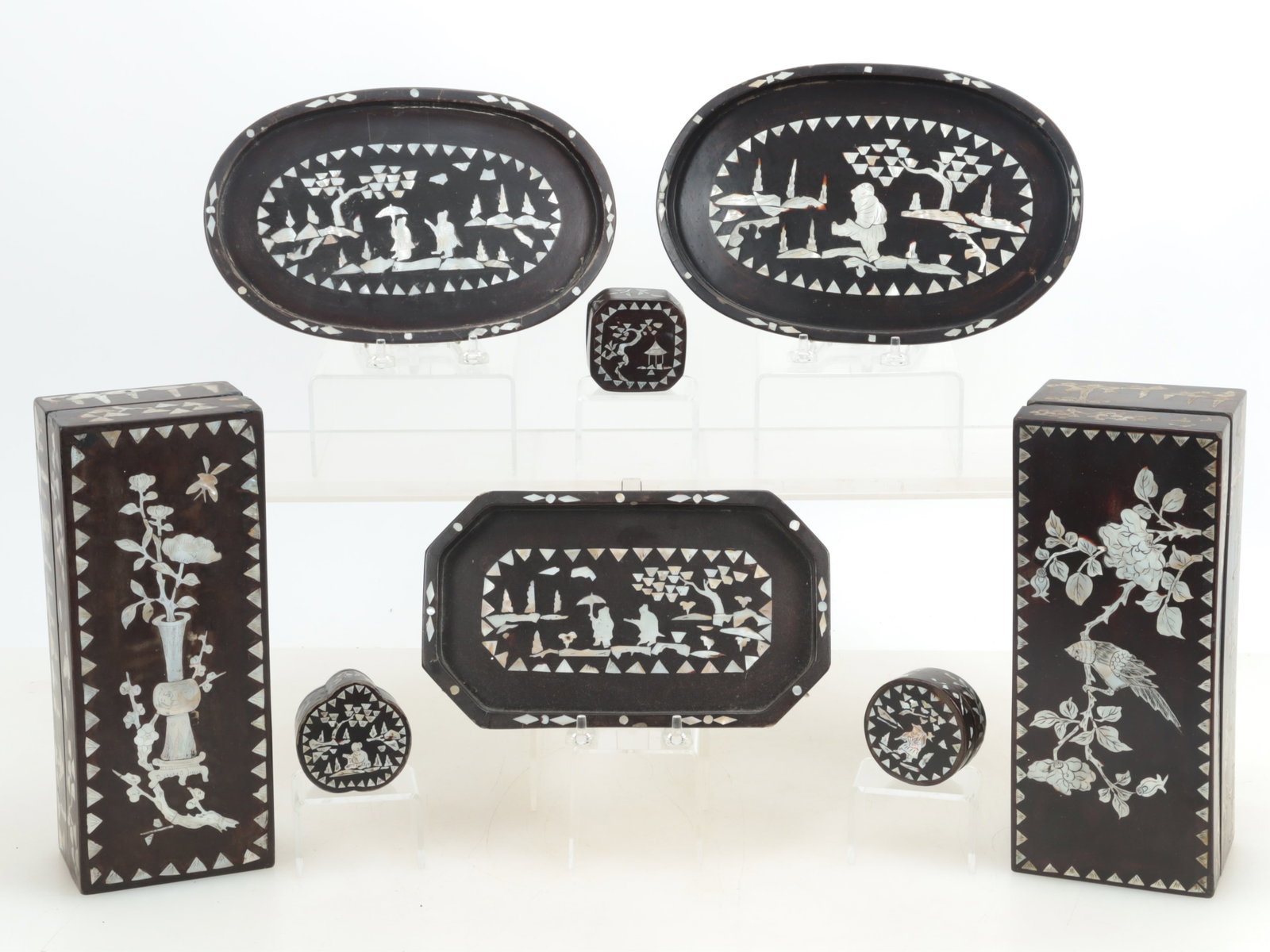 Chinese MOP Inlaid Lacquer Boxes & Trays: 8 Chinese Mother of Pearl Inlaid Lacquer Boxes & Trays Dimensions: Largest Box 3.75" H x 11" W x 4.5" D Property from a Mount Vernon, NY estate.
