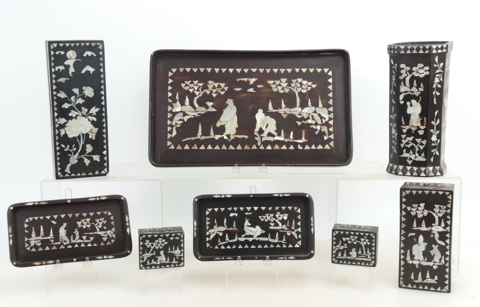 Chinese MOP Inlaid Lacquer Boxes, Trays, Vase: 8 Chinese Mother of Pearl Inlaid Lacquer Boxes, Trays & Vase Dimensions: Vase 10.5" H Property from a Mount Vernon, NY estate.