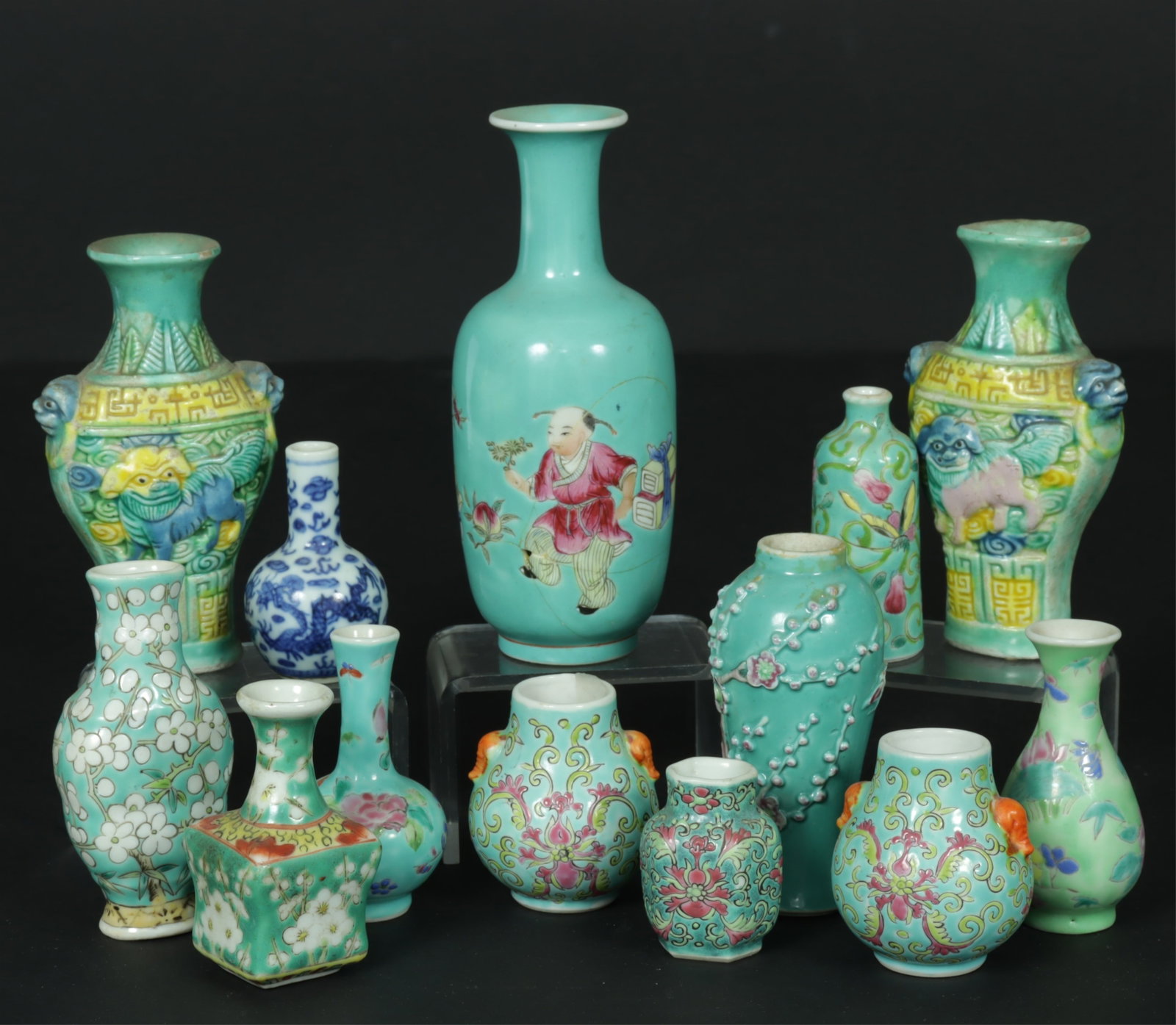 13 Chinese Miniature Blue Ground Vases: 13 Chinese Miniature Blue Ground Vases Dimensions: Largest 5.5" H Property from a Mount Vernon, NY estate.