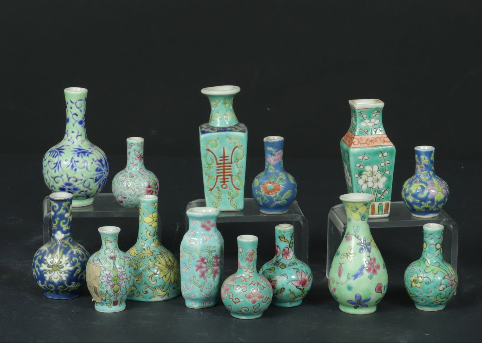 14 Chinese Miniature Blue Ground Vases: 14 Chinese Miniature Blue Ground Vases Dimensions: Largest 3.25" H Property from a Mount Vernon, NY estate.