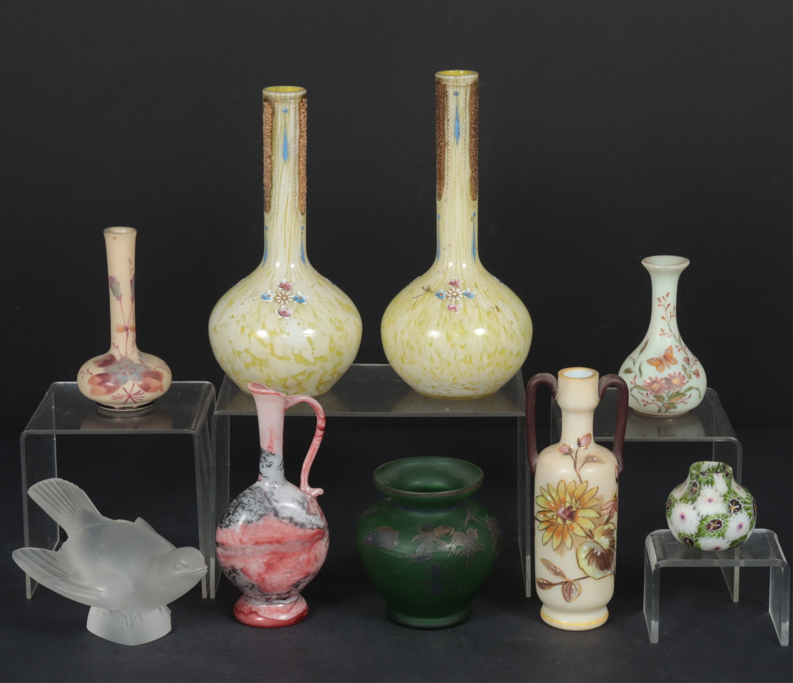 Lalique Sparrow & European Glass Vases: Lalique Sparrow & European Glass Vases Dimensions: Largest vase 7.5" H Property from a Mount Vernon, NY estate.
