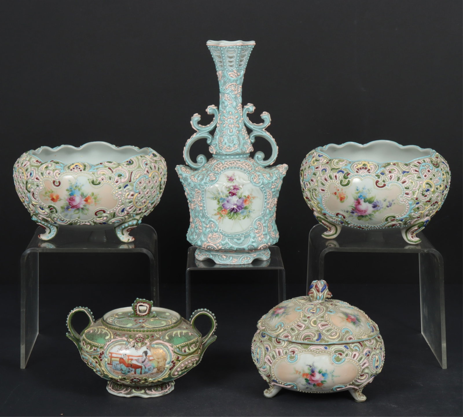10 Moriage Satsuma Table Articles: Group of 10 Moriage Satsuma Table Articles, including vases, bowls, covered jars and teapot Dimensions: Largest 9" H Property from a Mount Vernon, NY estate.