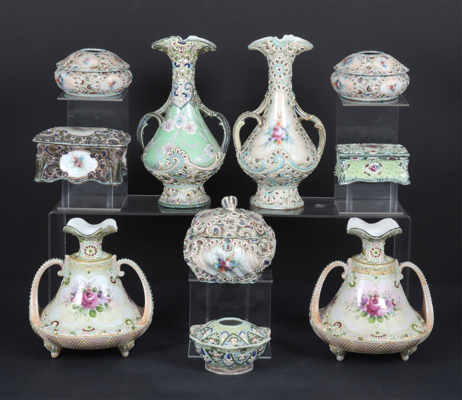 10 Moriage Satsuma Table Articles: Group of 10 Moriage Satsuma Table Articles, including vases and boxes Dimensions: Largest vase 10.75" H Property from a Mount Vernon, NY estate.