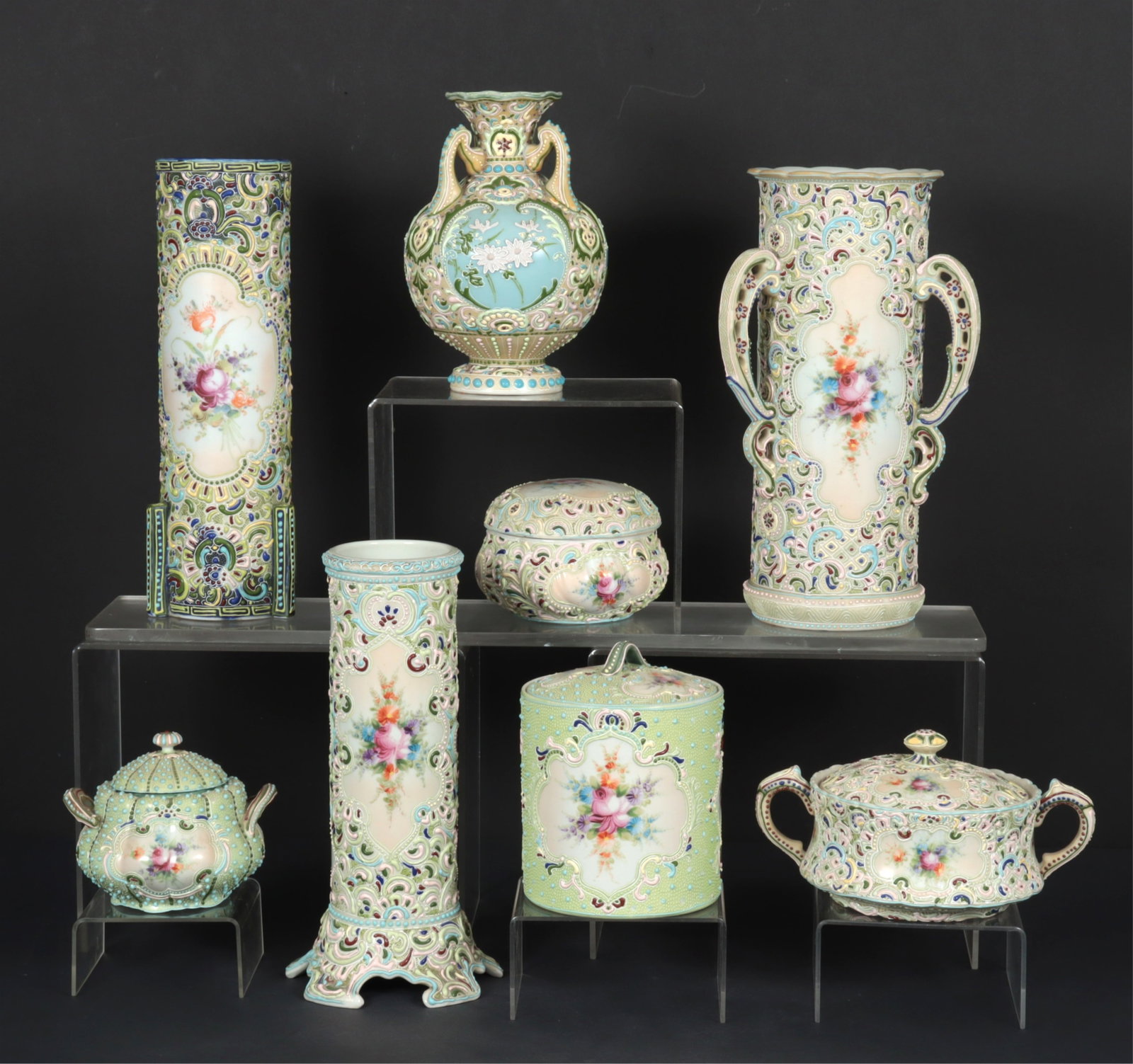 8 Moriage Satsuma Vases & Covered Jars: 8 Moriage Satsuma Vases & Covered Jars Dimensions: Largest vase 11.75" H Property from a Mount Vernon, NY estate.