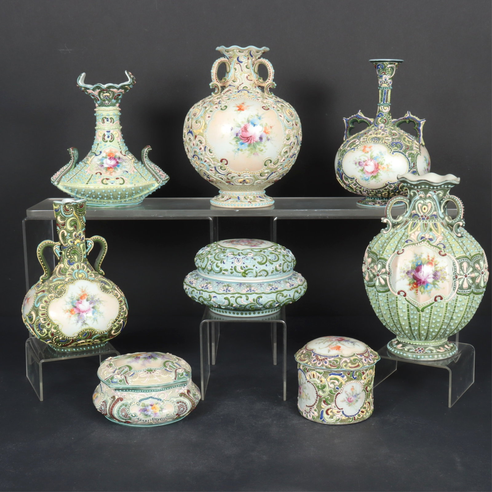 8 Moriage Satsuma Vases & Boxes: 8 Moriage Satsuma Vases & Boxes Dimensions: Largest vase 8.5" H Property from a Mount Vernon, NY estate.