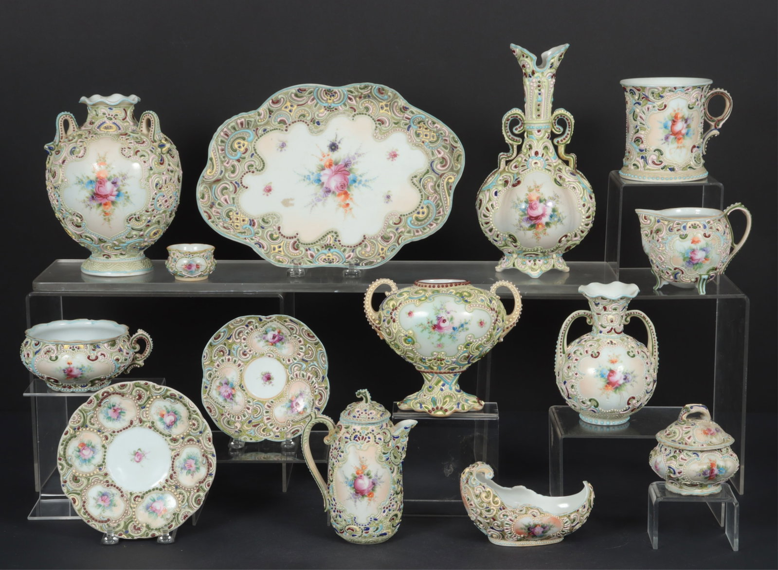 14 Moriage Satsuma Table Articles: Group of 14 Moriage Satsuma Table Articles, including matches tea set, vases, cups and saucers Dimensions: Tray 10.75" Property from a Mount Vernon, NY estate.