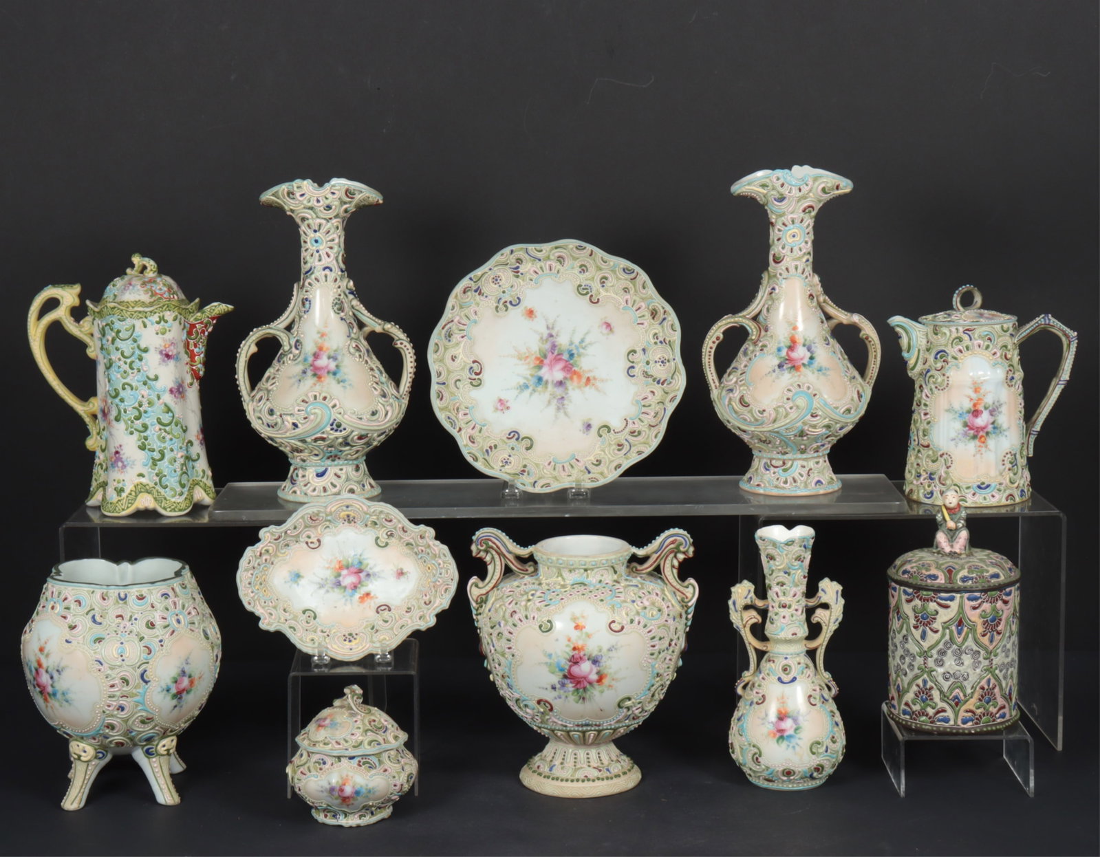 11 Moriage Satsuma Table Articles: Group of 11 Moriage Satsuma Table Articles, including vases, teapots, covered bowls and trays Dimensions: Largest 11" H Property from a Mount Vernon, NY estate.