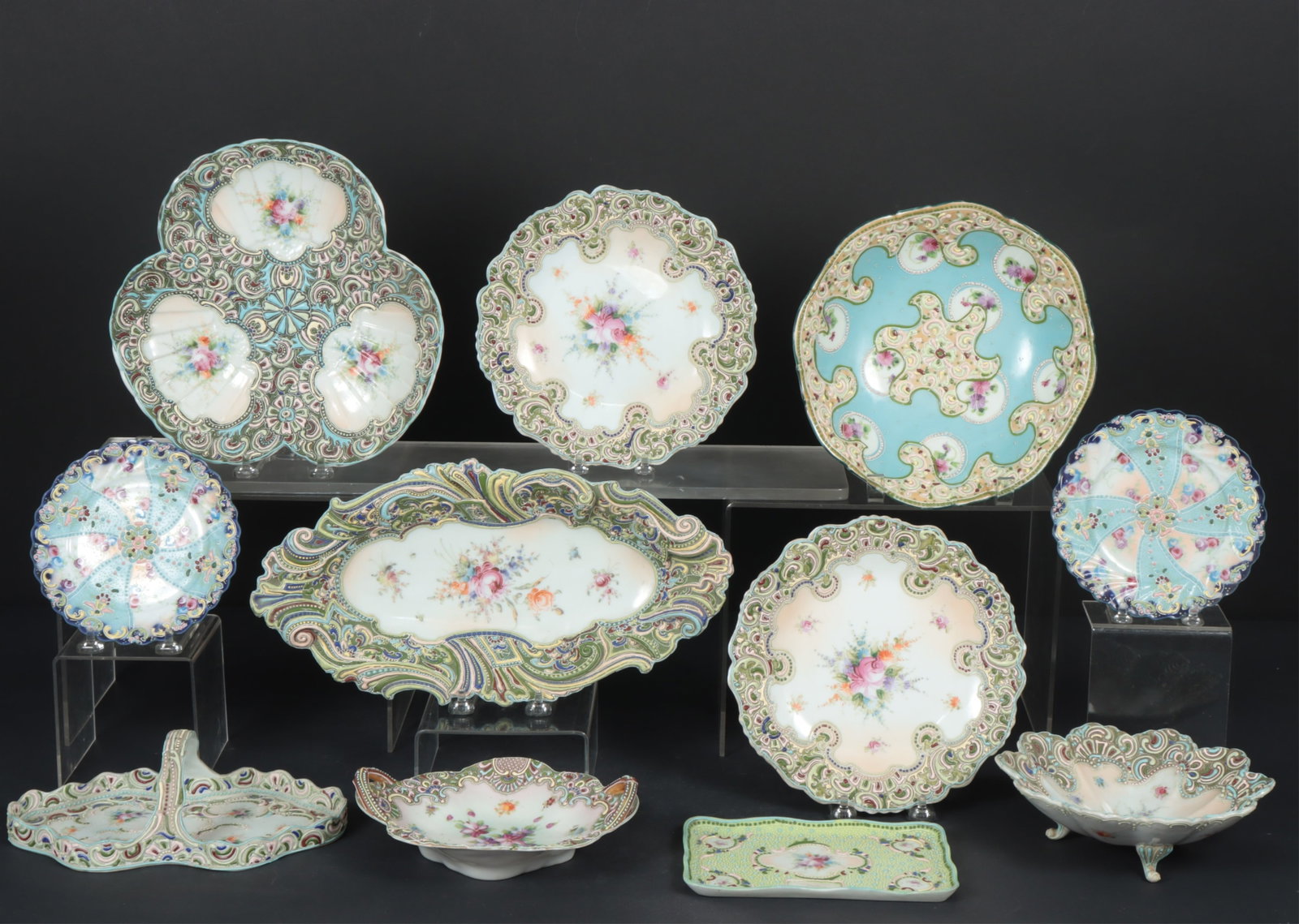 11 Moriage Satsuma Trays & Plates: 11 Moriage Satsuma Trays & Plates Dimensions: Largest 14" W Property from a Mount Vernon, NY estate.