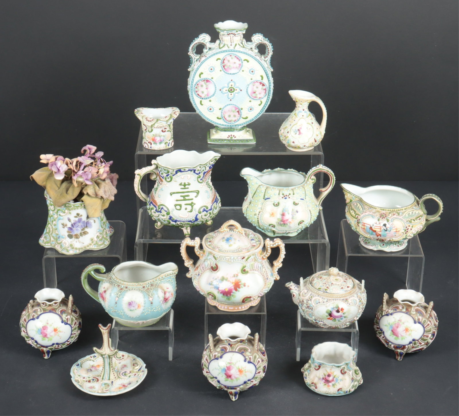 15 Small Moriage Satsuma Table Articles: 15 Small Moriage Satsuma Table Articles, including creamers, vases, teapot Dimensions: Largest 4.25" H Property from a Mount Vernon, NY estate.