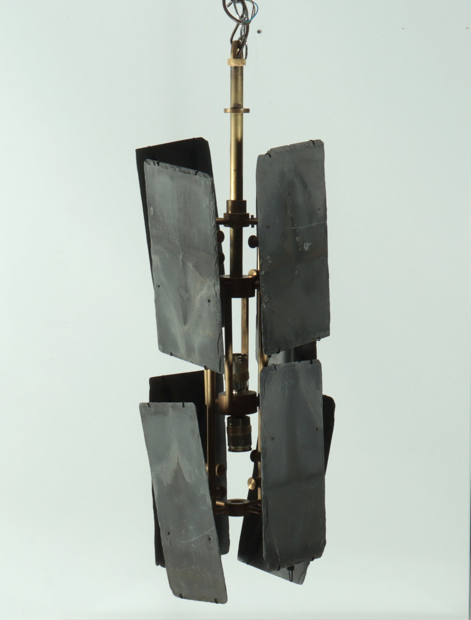 Modern Brass & Slate Chandelier: Modern Brass & Slate Chandelier, composed of slate roof tiles Dimensions: 36" H x 10" Dia.