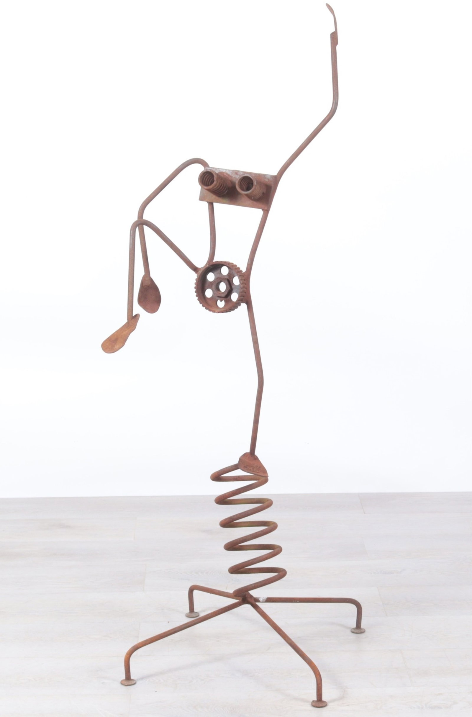 Industrial Abstract Figural Lawn Sculpture: Industrial Iron Abstract Figural Lawn Sculpture, initialed WB 99 Dimensions: 58.5" H x 18" W