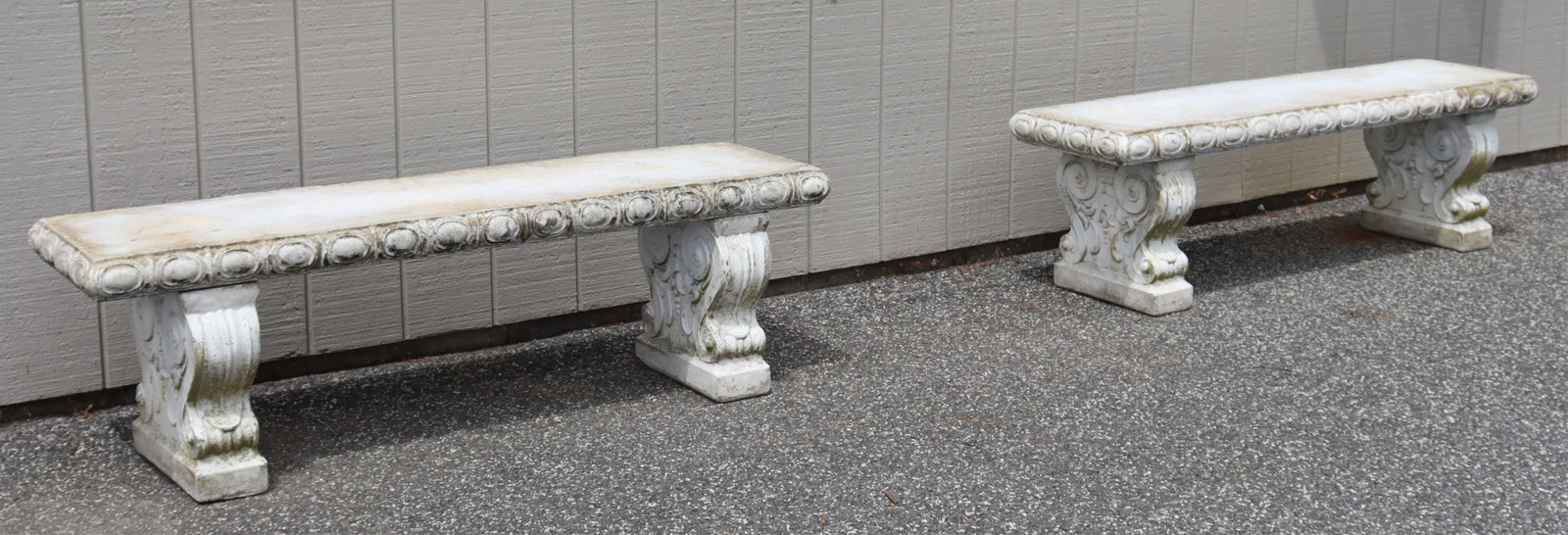 Pair Classical Style Cast Cement Garden Benches: Pair Classical Style White Painted Cast Cement Garden Benches Dimensions: 17.75" H x 57" W x 15.5" D