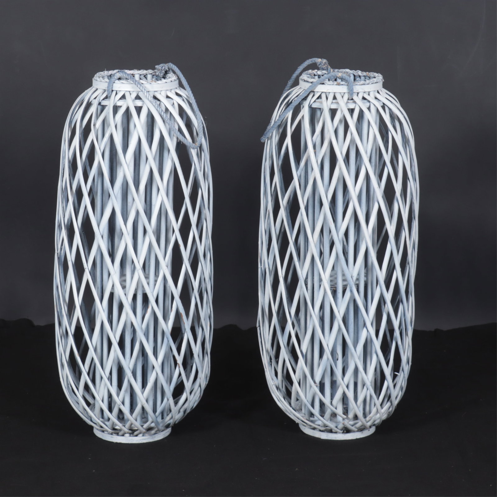 Pair Modern White Painted Woven Bamboo Lanterns (1 of 4)