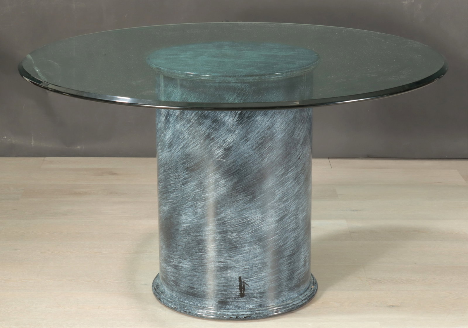 Modern Faux Lapis Painted Column as Table: Modern Faux Lapis Painted Column as glass-top table. Dimensions: 28.5" H x 48" diameter Property from a Westchester County collection