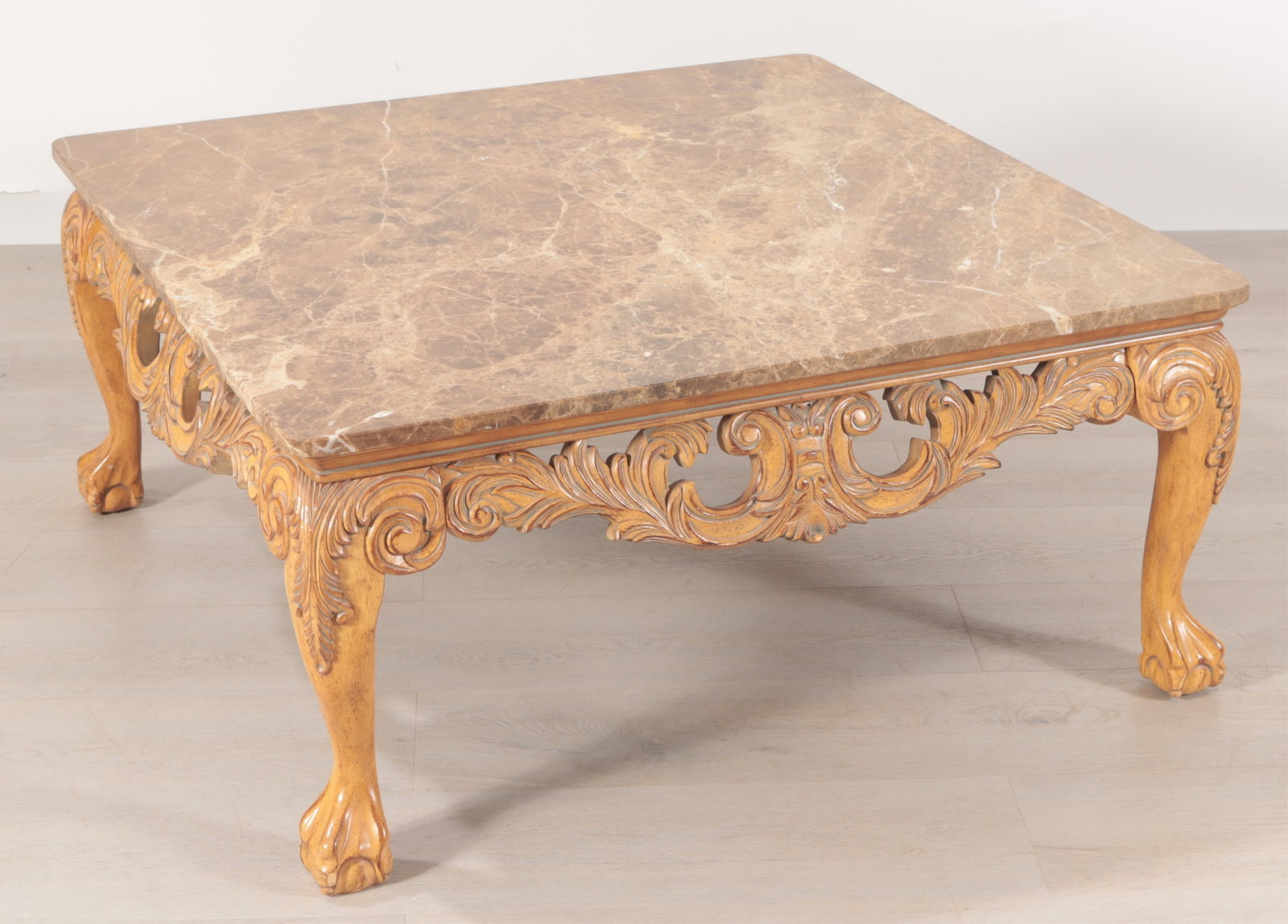 George III Style Marble Top Coffee Table: A George III style walnut coffee table with brown marble top Dimensions: 18.75" H x 40" square Property from the Jafarnia personal collection.