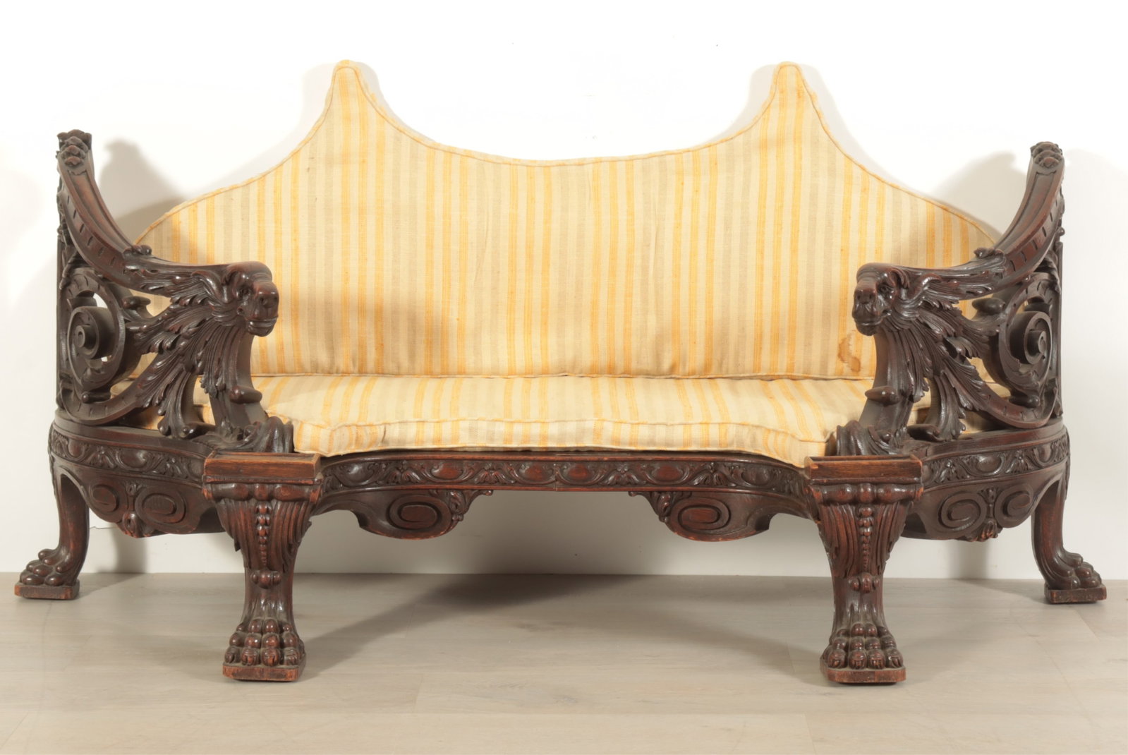 Renaissance Revival Oak Window Bench, c 1880: Renaissance Revival Oak Window or Hall Bench, circa 1880, upholstered loose cushions in a woven yellow brocade. Dimensions: 72" W x 34" H x 26.50" D Property from a Mount Vernon, NY estate.
