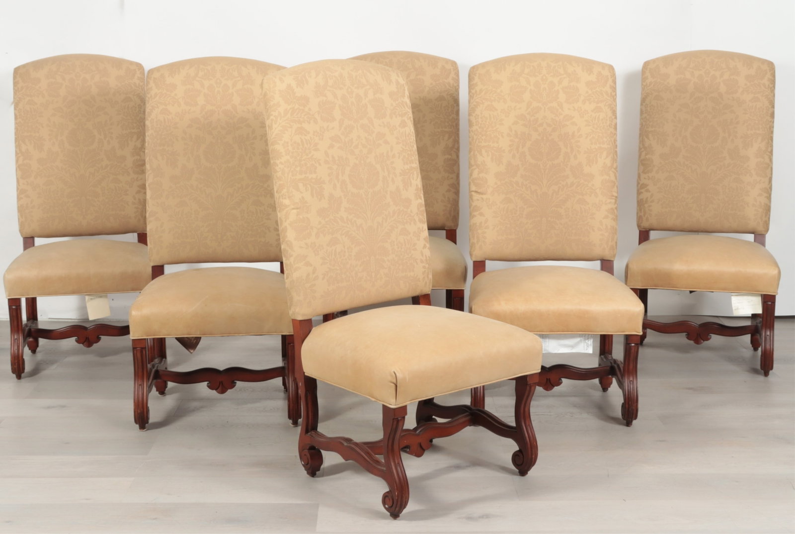 Six Ralph Lauren Louis XIV Style Dining Chairs: A set of six Ralph Lauren Louis XIV Style Mahogany Dining Chairs, upholstered in beige damask & leather. Dimensions: 53" H x 24" W x 27" D Property from a Bronxville Estate.