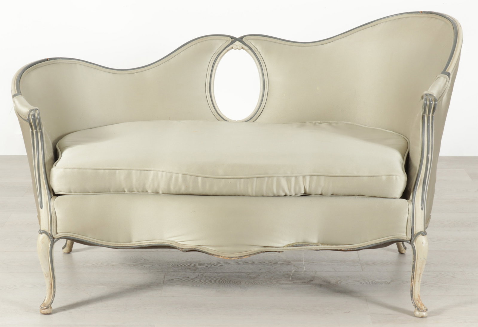 Rococo Style Green & Gray Painted Sofa: Rococo Style Green & Gray Painted Sofa. Dimensions: 30.5" H x 54" W x 30" D Property from a Connecticut shoreline home