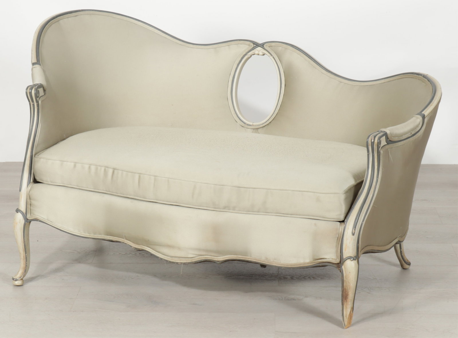 Rococo Style Green & Gray Painted Sofa: Rococo Style Green & Gray Painted Sofa Dimensions: 30.5" H x 54" W x 30" D Property from a Connecticut shoreline home