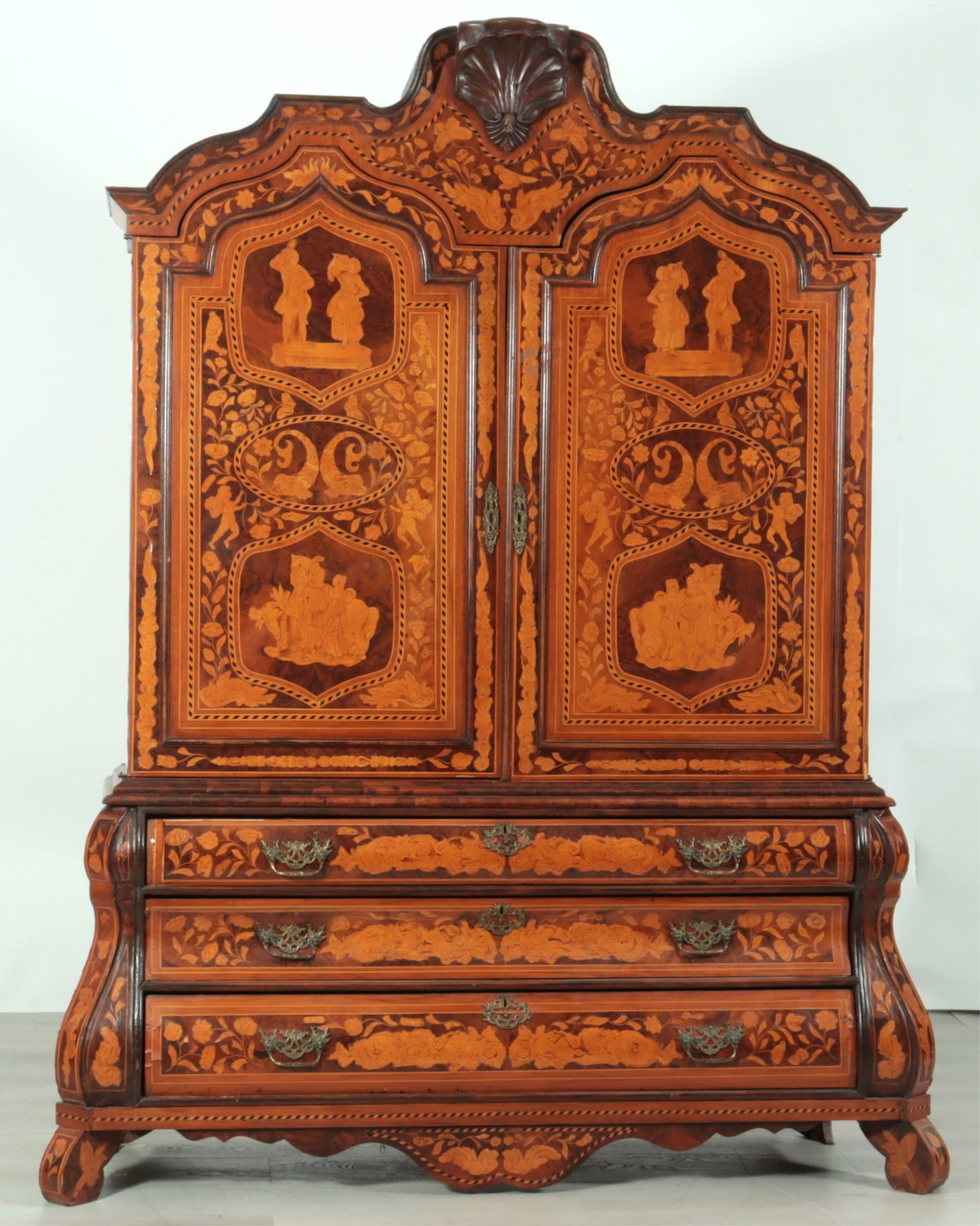 Dutch Baroque Style Marquetry Cabinet on Chest: Dutch Baroque Style Marquetry Cabinet on Chest. Upper section with two green velvet lined and glass topped shelves over two short drawers enclosed by two doors, over three long drawers. Dimensions: