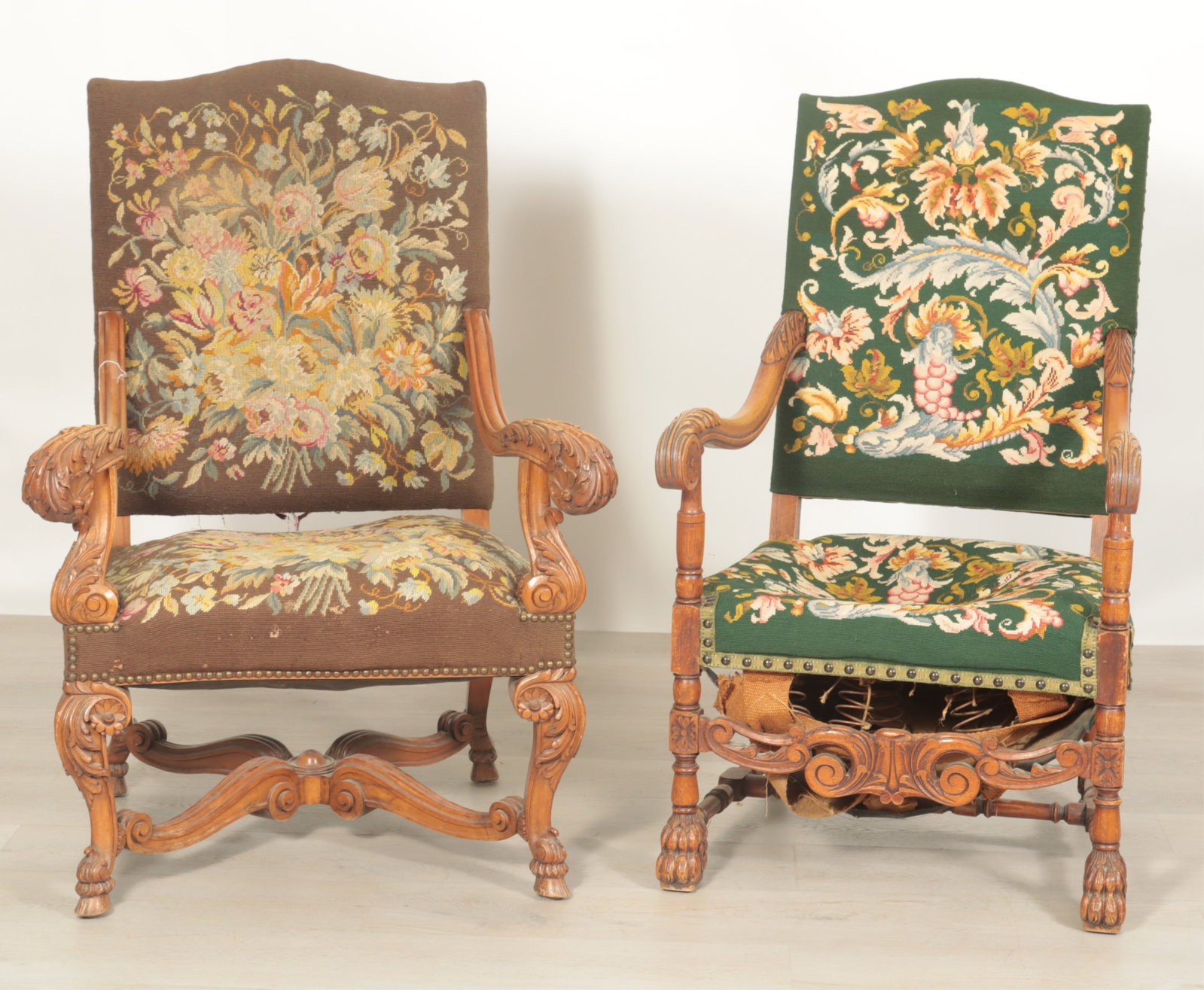 Two Rococo Style Carved Beech Armchairs: Two Rococo Style Carved Beech Armchairs, in needlepoint upholstery Dimensions: 46.5" H x 33" W x 36" D Property from a Bronxville Estate.